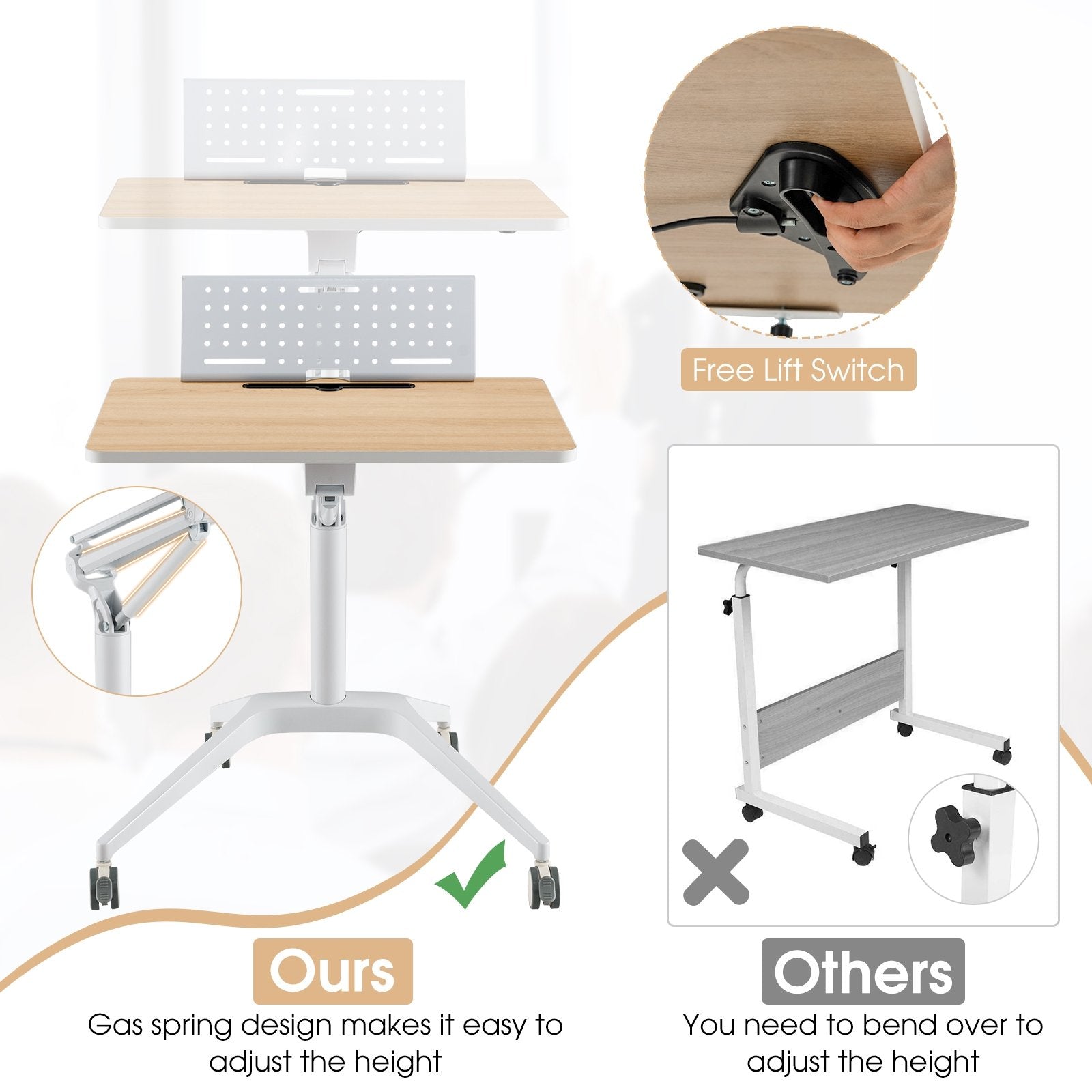 Height Adjustable Mobile Standing Desk with Detachable Holde, Natural Laptop Tables & Printer Stands   at Gallery Canada