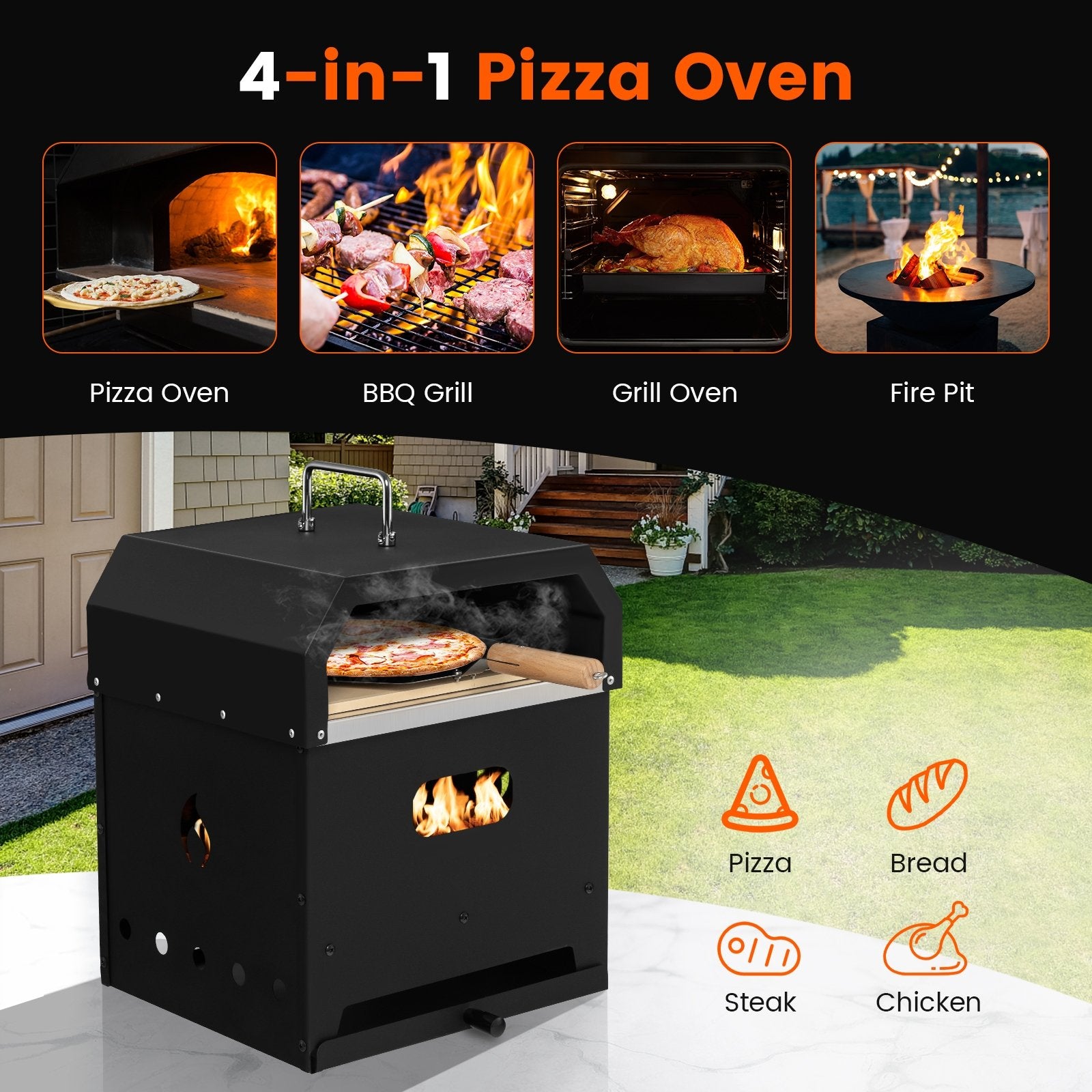 4-in-1 Outdoor Portable Pizza Oven with 12 Inch Pizza Stone, Black Outdoor Grills   at Gallery Canada