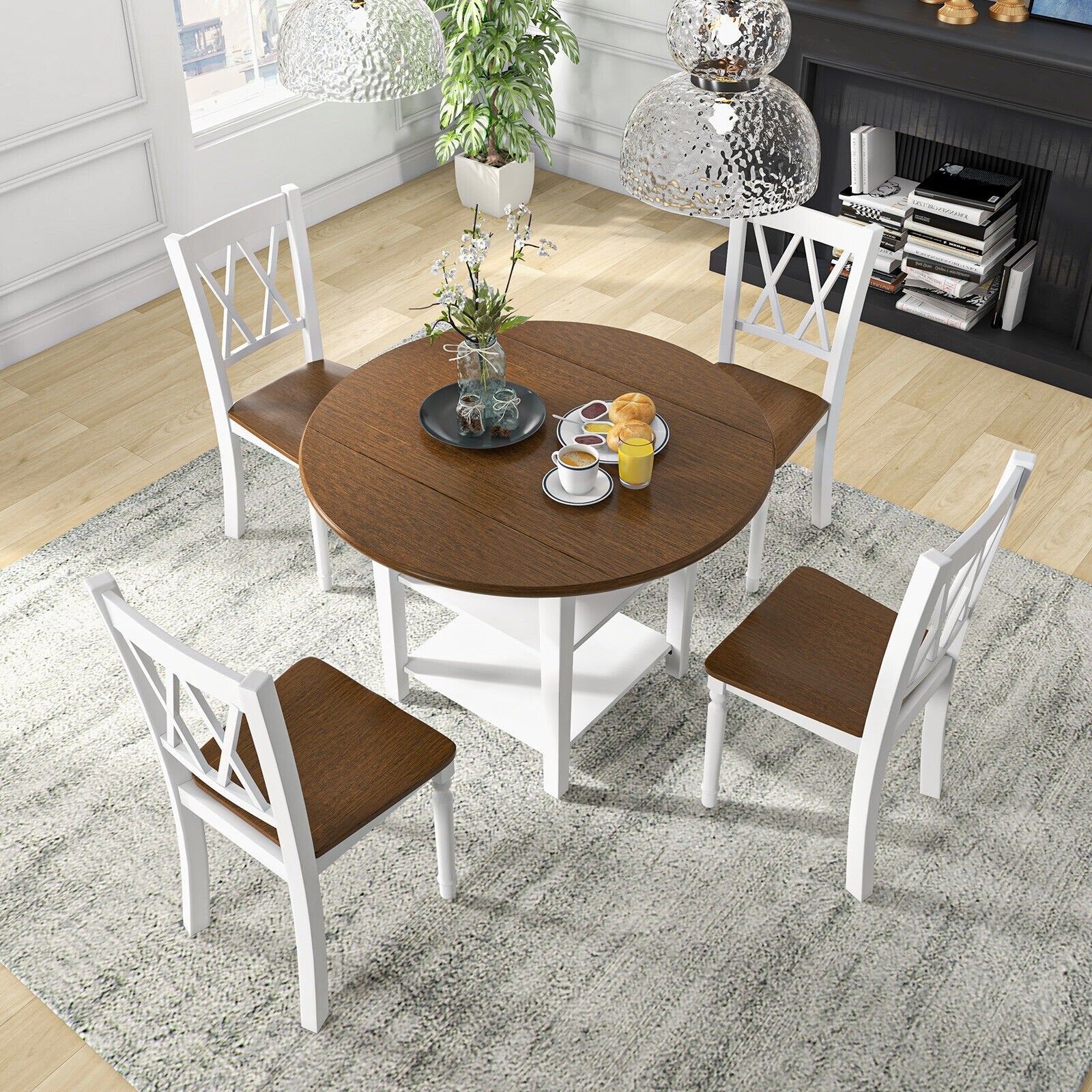 5 Piece Round Kitchen Dining Set with Drop Leaf Table Top, Walnut & White Dining Room Sets   at Gallery Canada