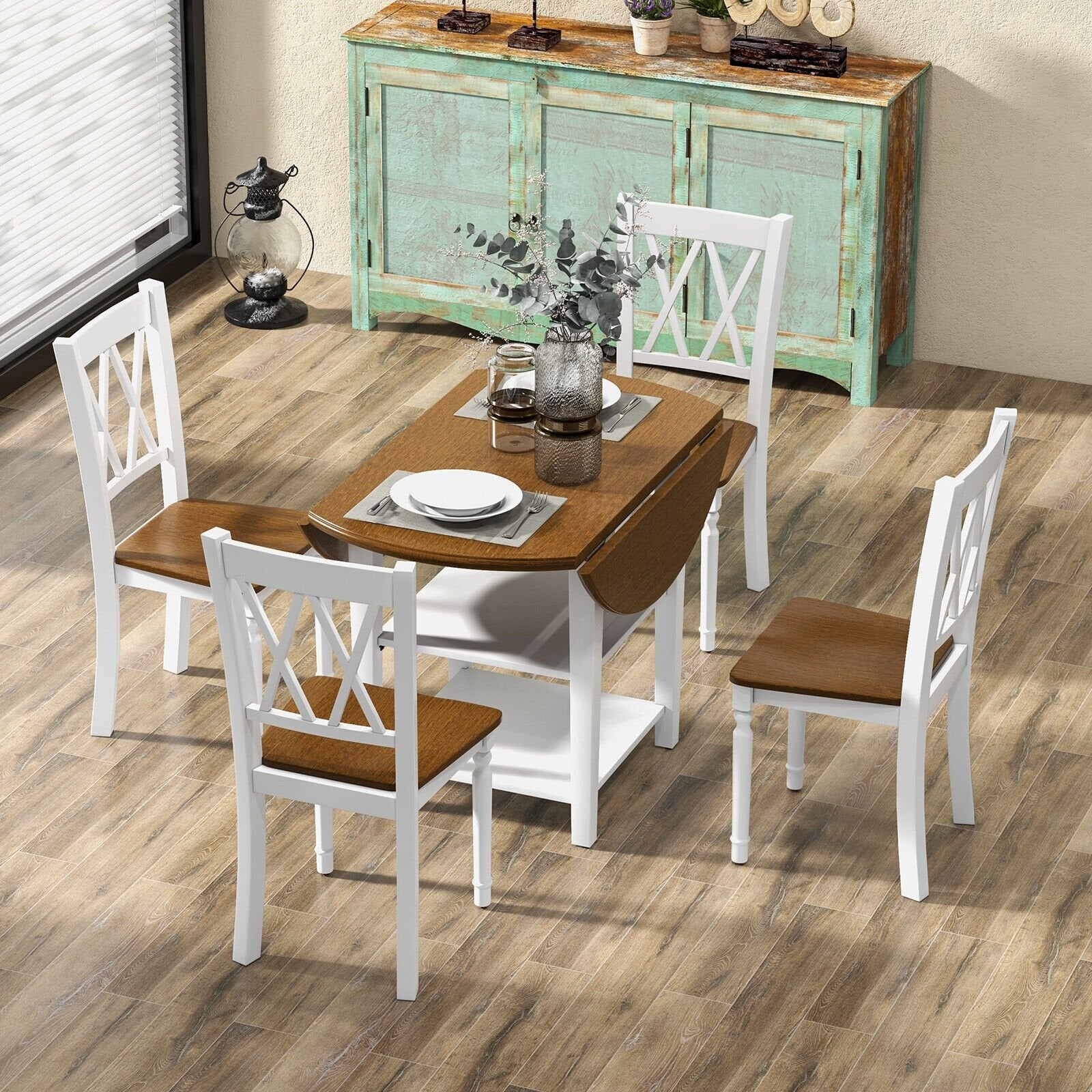 5 Piece Round Kitchen Dining Set with Drop Leaf Table Top, Walnut & White Dining Room Sets   at Gallery Canada