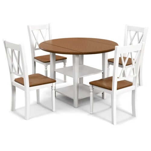 5 Piece Round Kitchen Dining Set with Drop Leaf Table Top, Walnut & White Dining Room Sets   at Gallery Canada