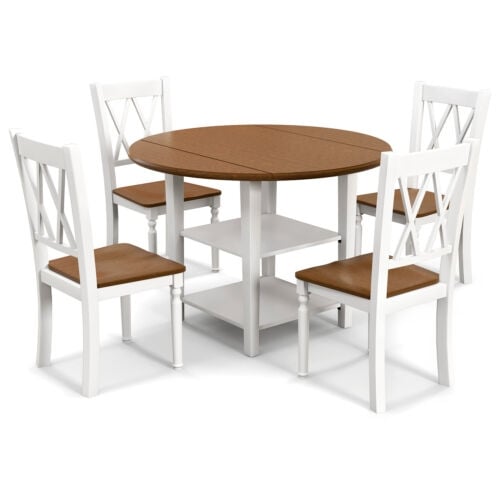 5 Piece Round Kitchen Dining Set with Drop Leaf Table Top, Walnut & Gray Dining Room Sets at Gallery Canada