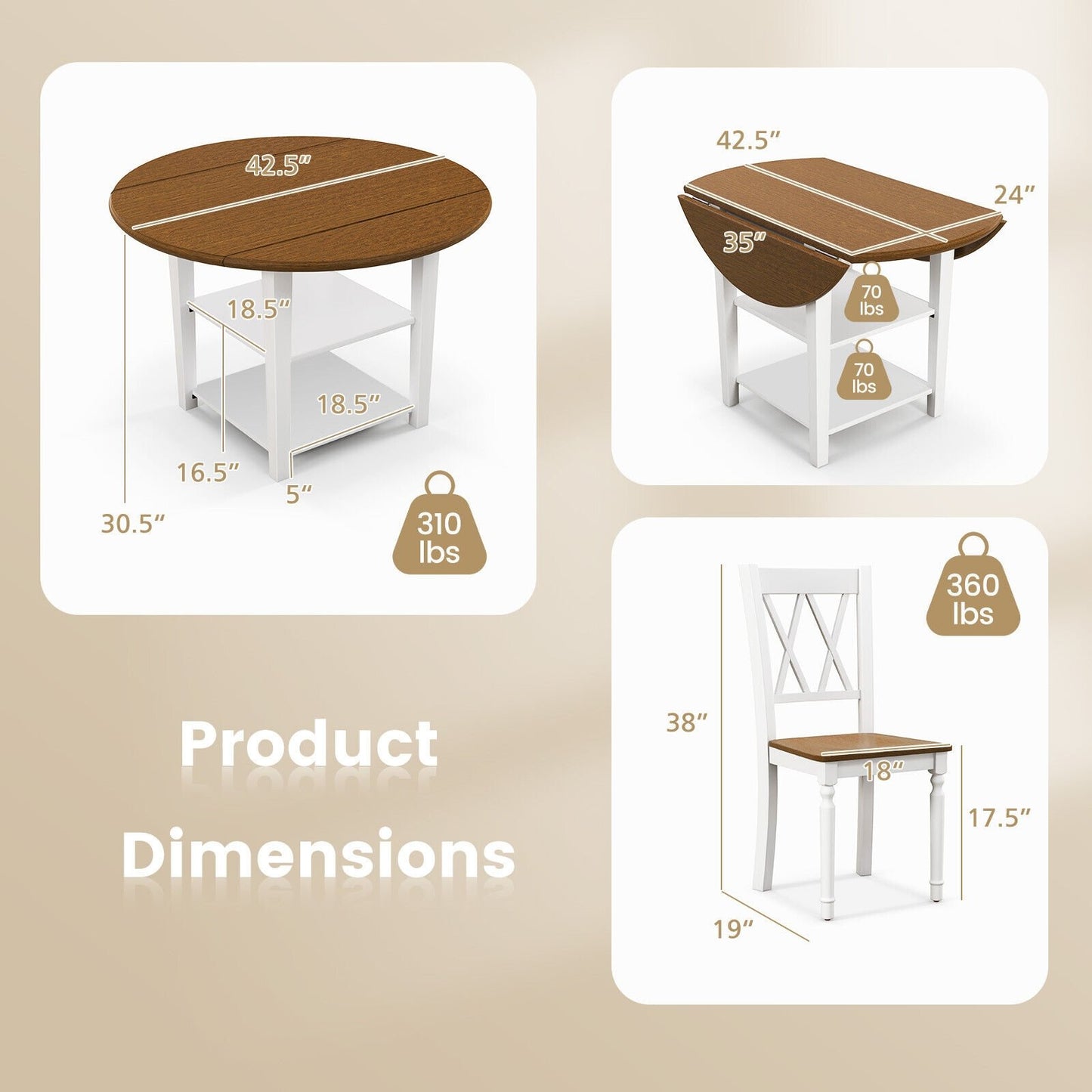 5 Piece Round Kitchen Dining Set with Drop Leaf Table Top, Walnut & White Dining Room Sets   at Gallery Canada