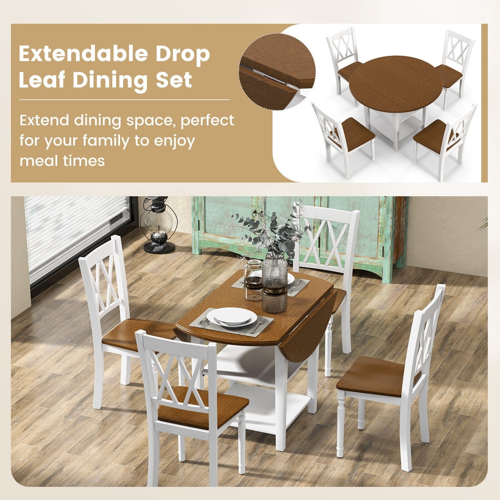 5 Piece Round Kitchen Dining Set with Drop Leaf Table Top, Walnut & White Dining Room Sets   at Gallery Canada