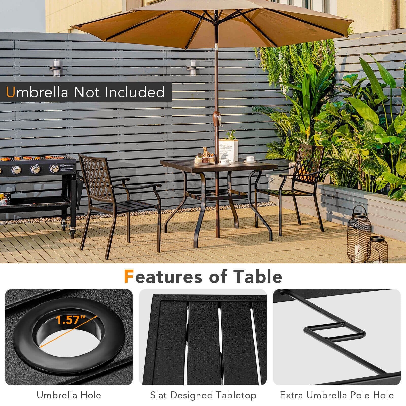 37 Inch Square Patio Dining Table with Umbrella Pole Hole, Black Patio Dining Tables   at Gallery Canada