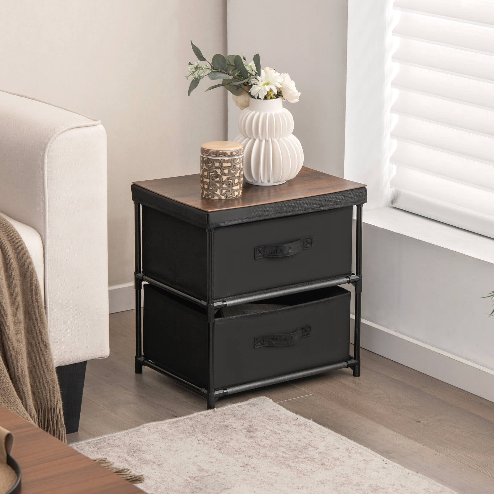 2-Drawer Nightstand with Removable Fabric Bins and Pull Handles, Black Nightstands at Gallery Canada