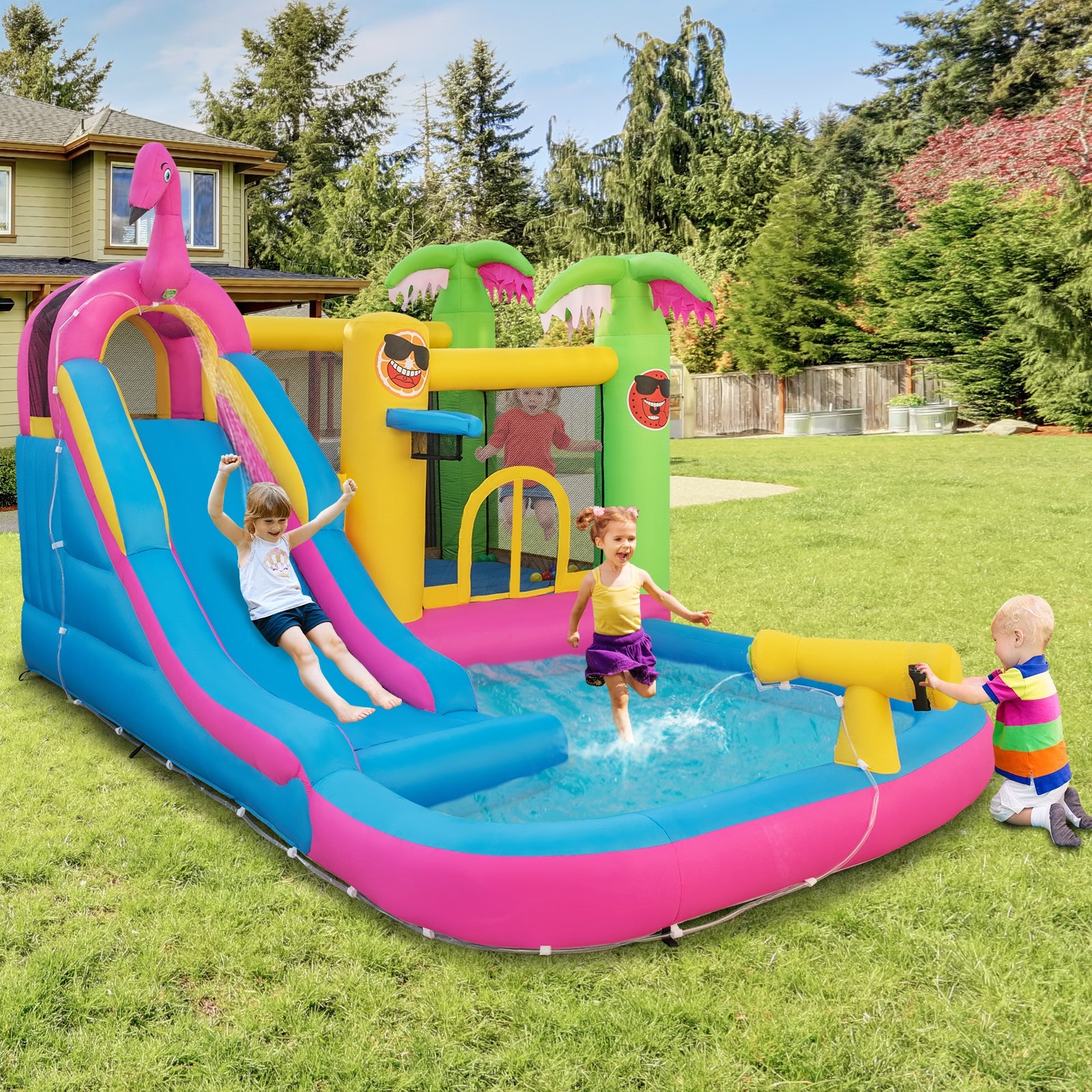 Inflatable Bounce Castle with Long Water Slide and 735W Blower, Multicolor Bounce House at Gallery Canada