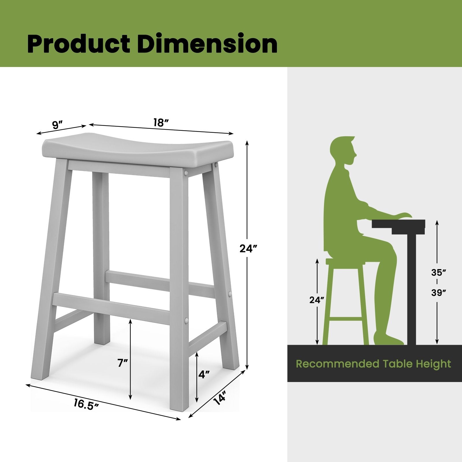 Set of 2 24 Inch Counter Height Stools with Solid Wood Legs, Gray Bar Stools   at Gallery Canada