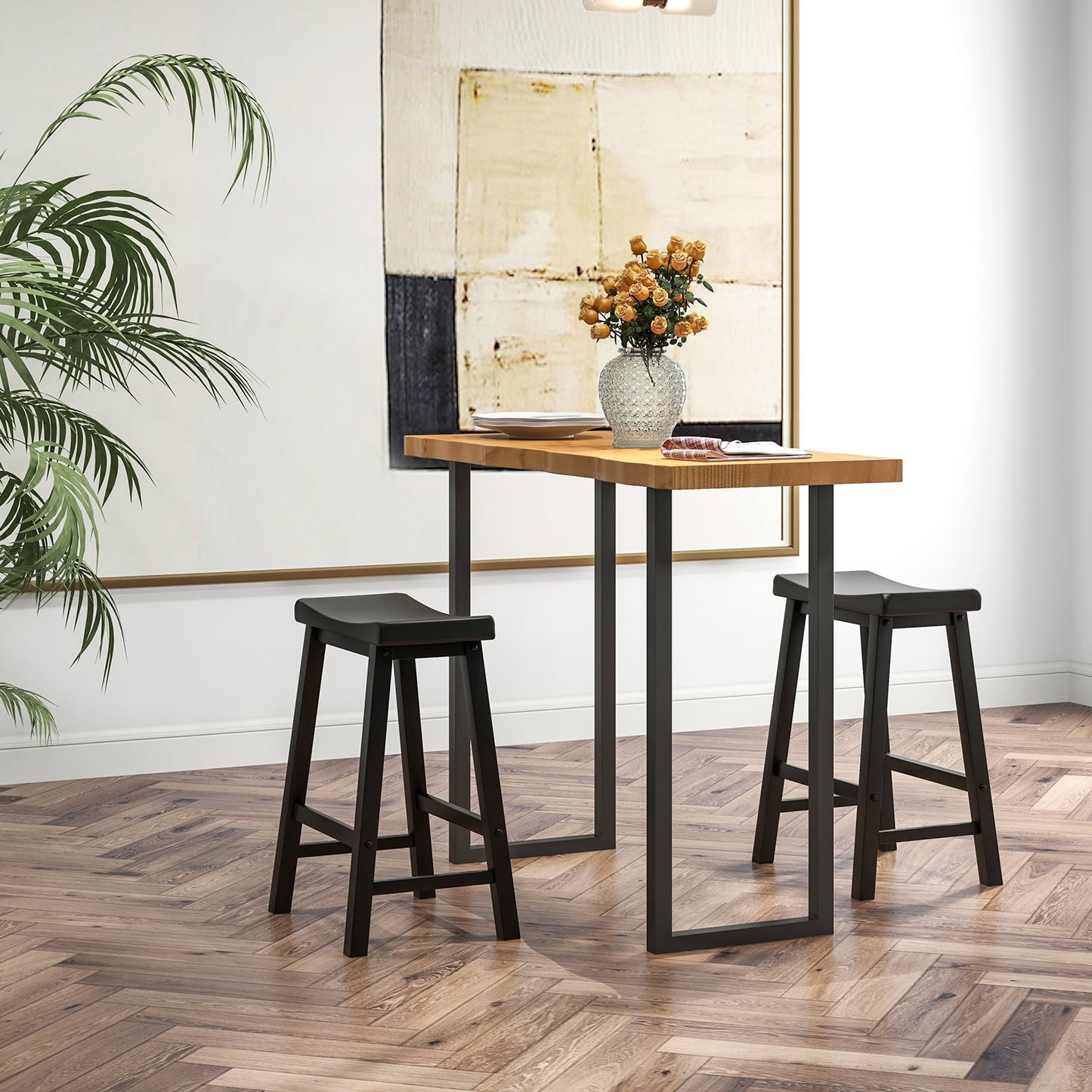 Set of 2 24 Inch Counter Height Stools with Solid Wood Legs, Black Bar Stools   at Gallery Canada