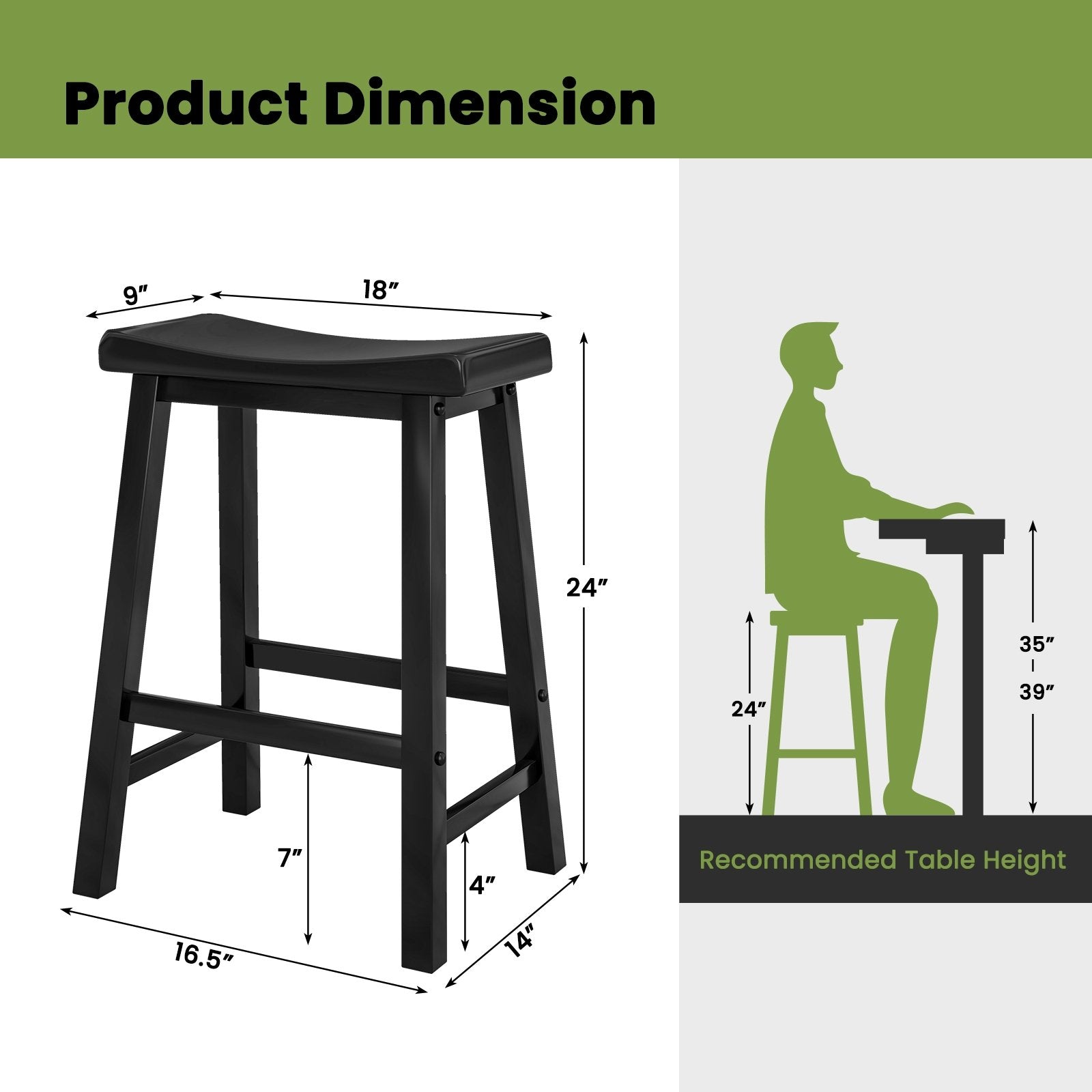 Set of 2 24 Inch Counter Height Stools with Solid Wood Legs, Black Bar Stools   at Gallery Canada