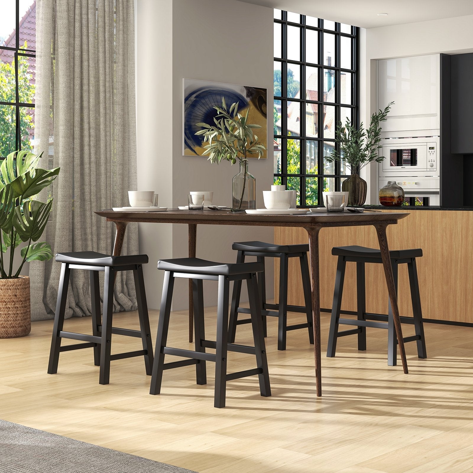 Set of 2 24 Inch Counter Height Stools with Solid Wood Legs, Black Bar Stools   at Gallery Canada