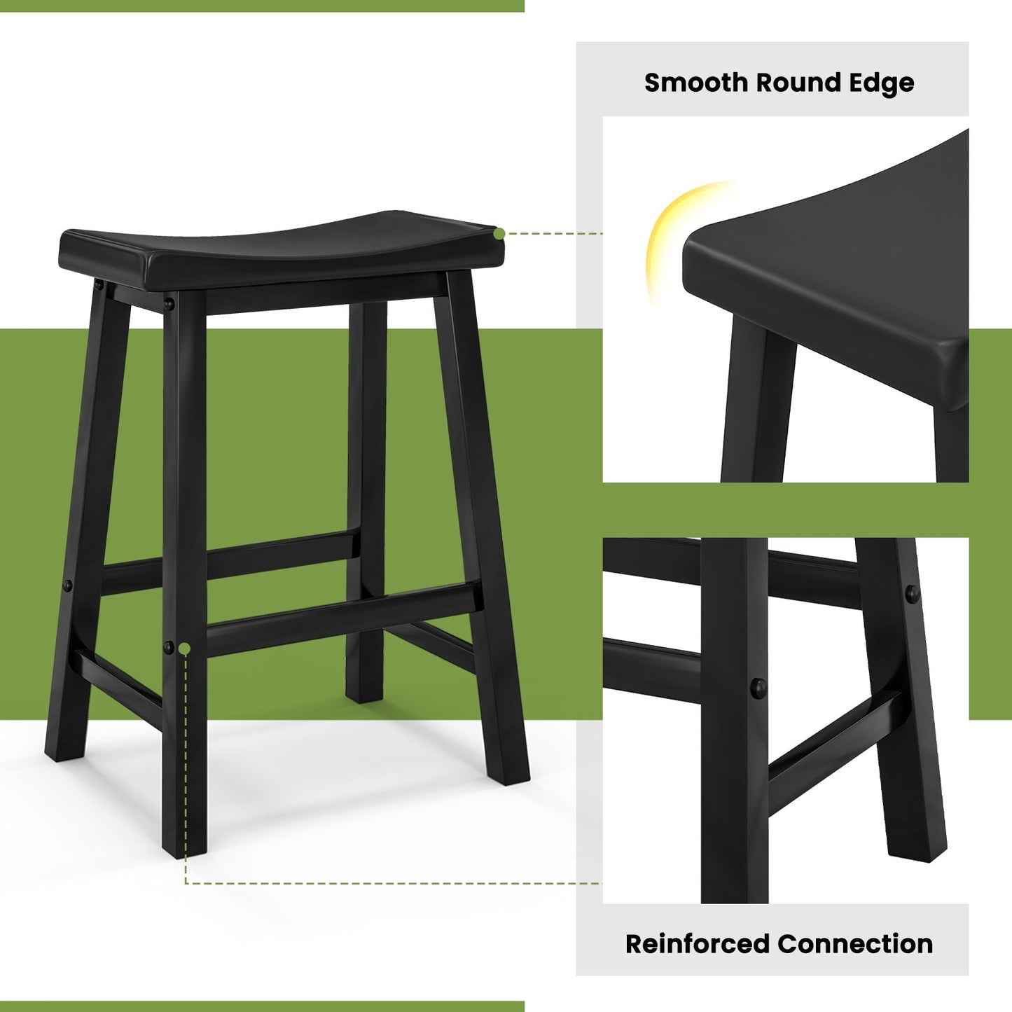 Set of 2 24 Inch Counter Height Stools with Solid Wood Legs, Black Bar Stools   at Gallery Canada