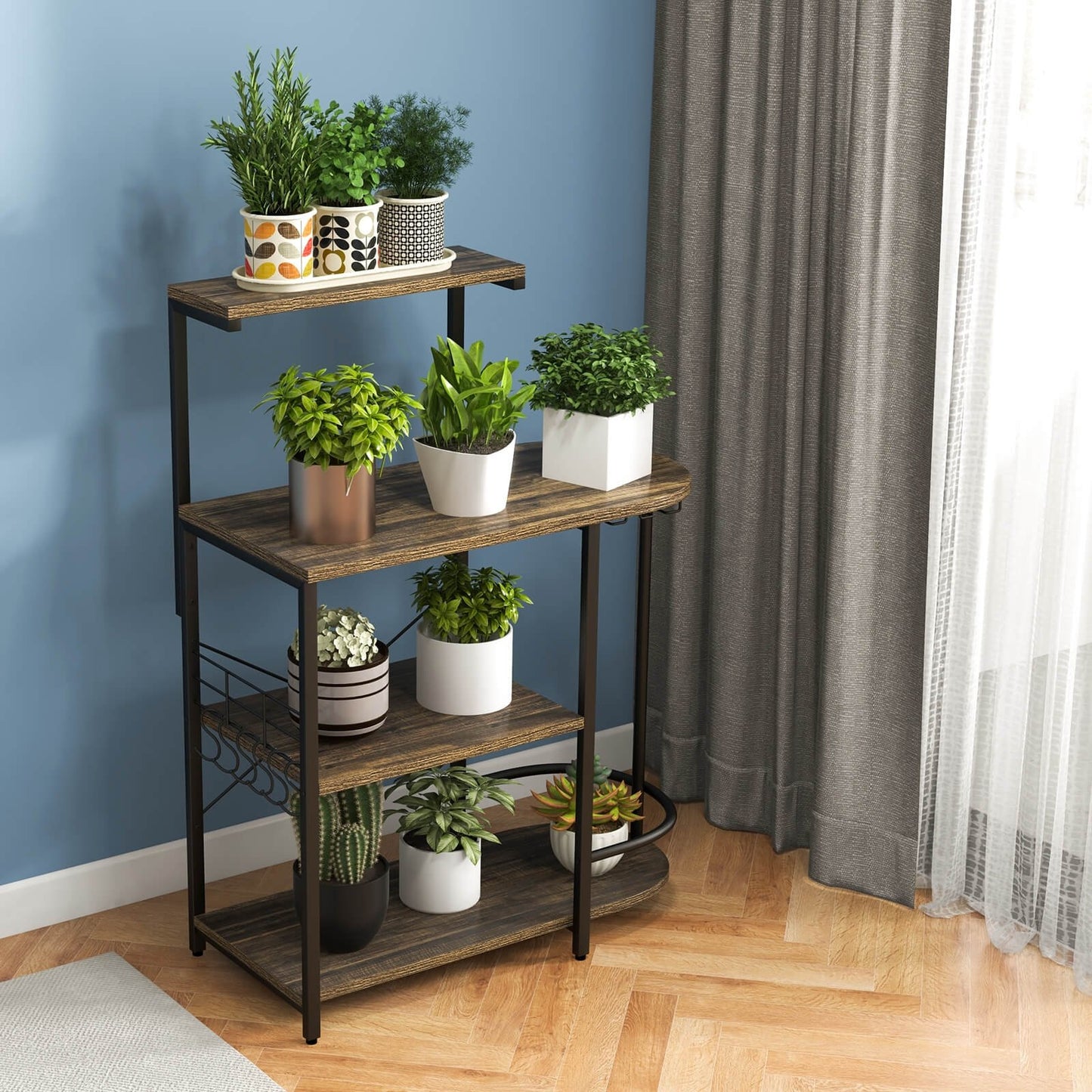 4-Tier Kitchen Bakers Rack with 6 S-Hooks and Stemware Racks, Rustic Brown Baker's Racks   at Gallery Canada