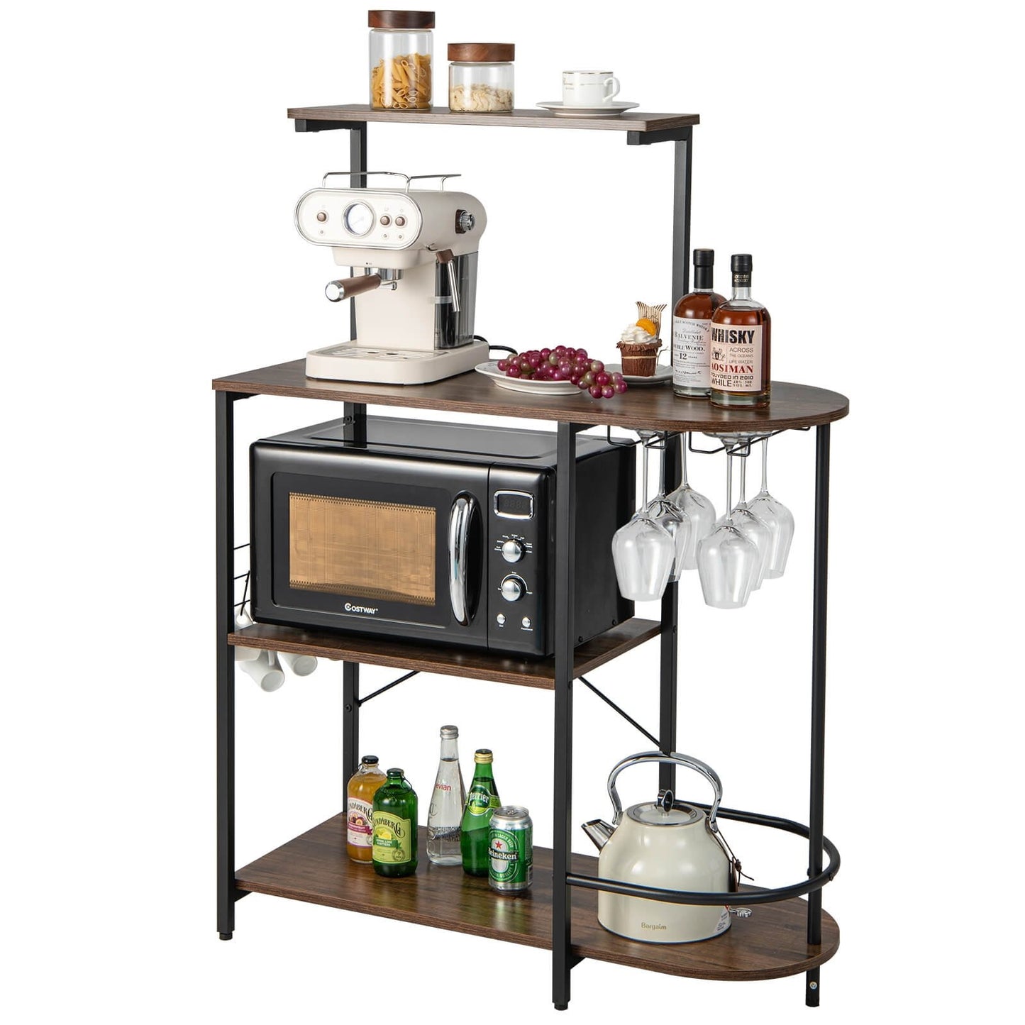 4-Tier Kitchen Bakers Rack with 6 S-Hooks and Stemware Racks, Rustic Brown Baker's Racks   at Gallery Canada