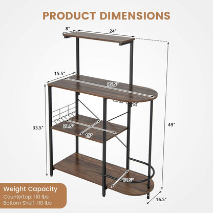 4-Tier Kitchen Bakers Rack with 6 S-Hooks and Stemware Racks, Rustic Brown Baker's Racks   at Gallery Canada