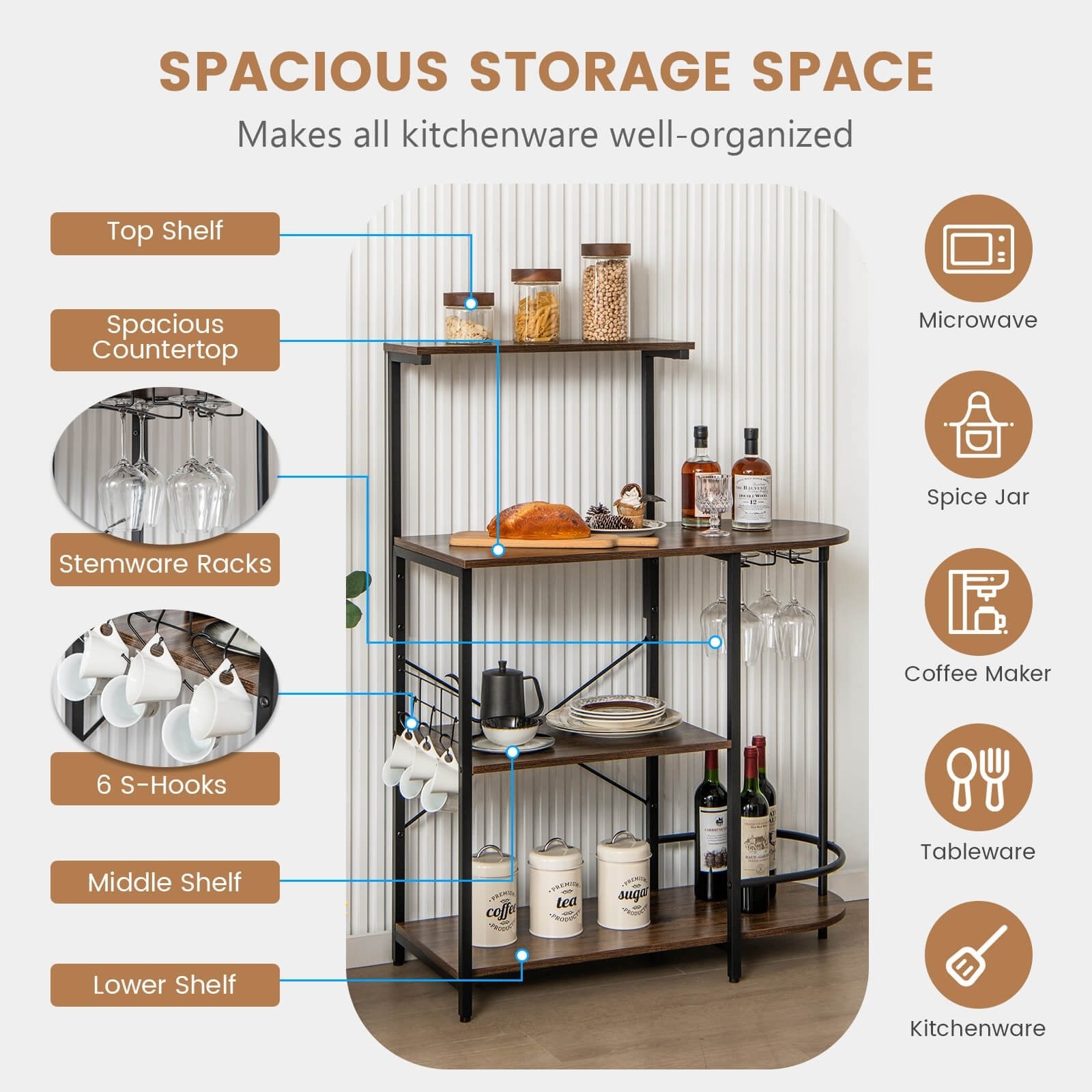 4-Tier Kitchen Bakers Rack with 6 S-Hooks and Stemware Racks, Rustic Brown Baker's Racks   at Gallery Canada