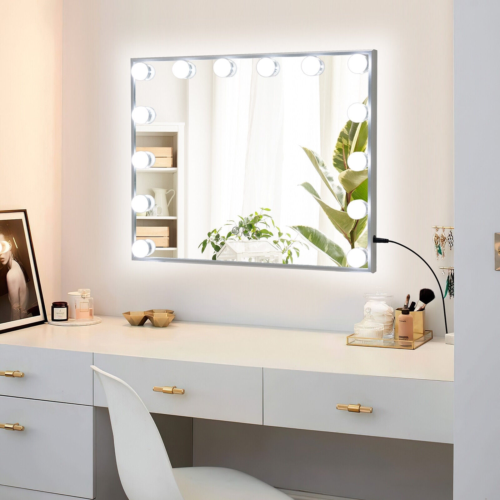 2-in-1 Vanity Mirror with 14 Dimmable LED Bulbs, Silver Wall Mirrors at Gallery Canada