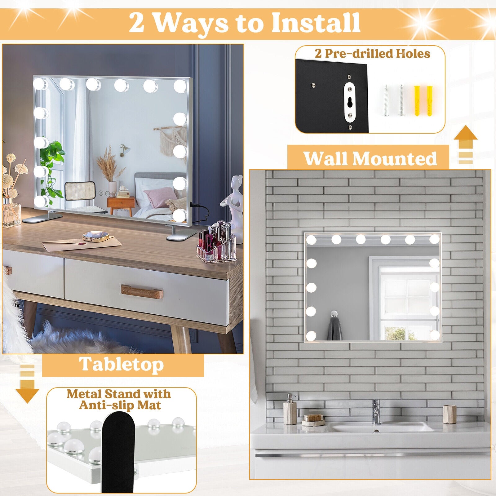 2-in-1 Vanity Mirror with 14 Dimmable LED Bulbs, Silver Wall Mirrors   at Gallery Canada