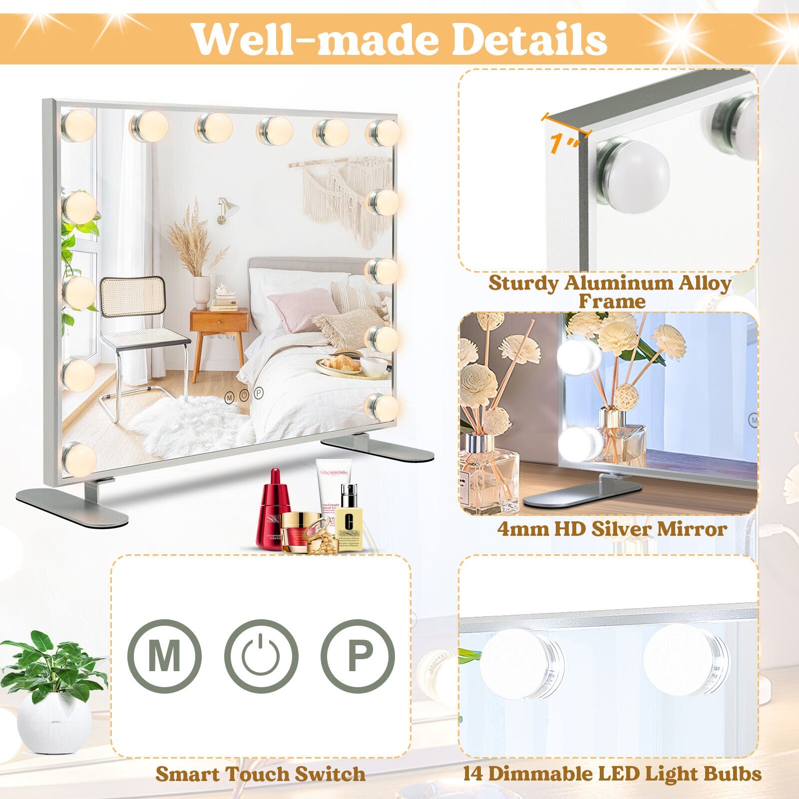 2-in-1 Vanity Mirror with 14 Dimmable LED Bulbs, Silver Wall Mirrors   at Gallery Canada