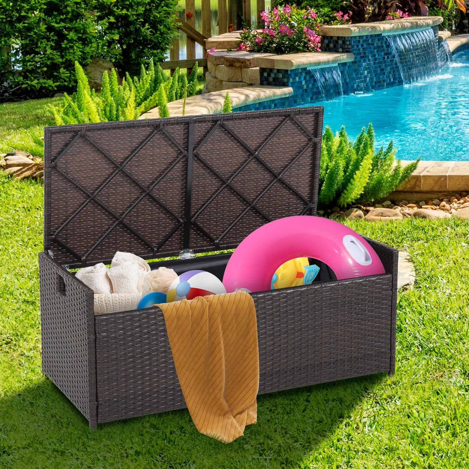 34 Gallon Patio Storage Bench with Seat Cushion and Zippered Liner, Brown Garages   at Gallery Canada