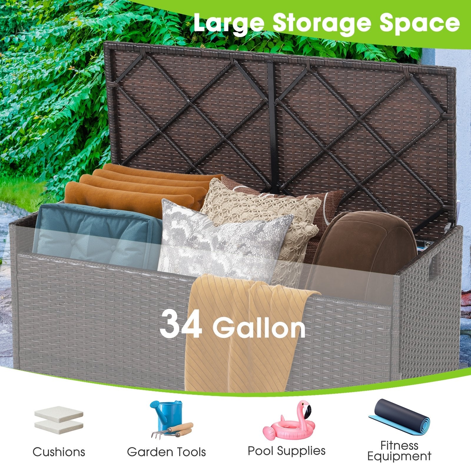 34 Gallon Patio Storage Bench with Seat Cushion and Zippered Liner, Brown Garages   at Gallery Canada