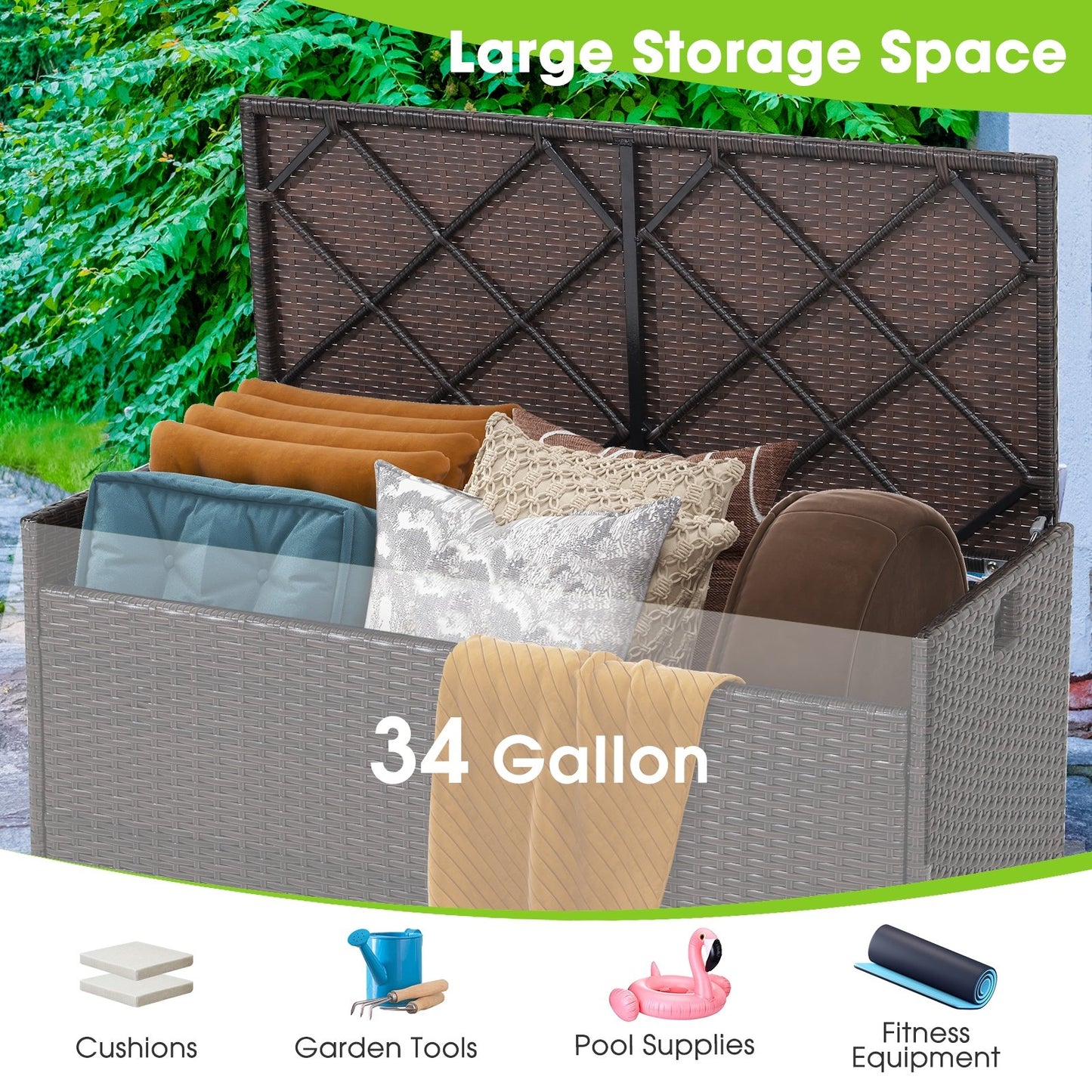 34 Gallon Patio Storage Bench with Seat Cushion and Zippered Liner, Brown Garages   at Gallery Canada