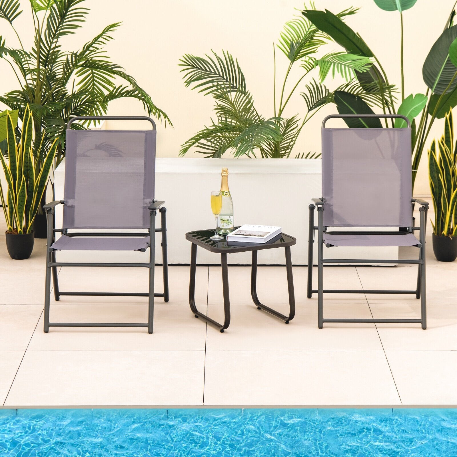 Set of 2 Outdoor Folding Sling Chairs with Armrest and Backrest, Gray Patio Dining Chairs   at Gallery Canada