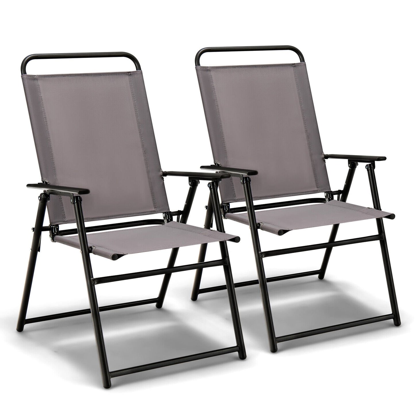 Set of 2 Outdoor Folding Sling Chairs with Armrest and Backrest, Gray Patio Dining Chairs   at Gallery Canada