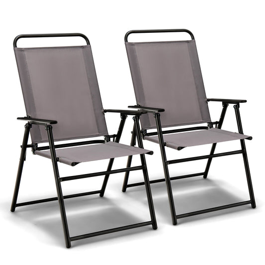 Set of 2 Outdoor Folding Sling Chairs with Armrest and Backrest, Gray - Gallery Canada