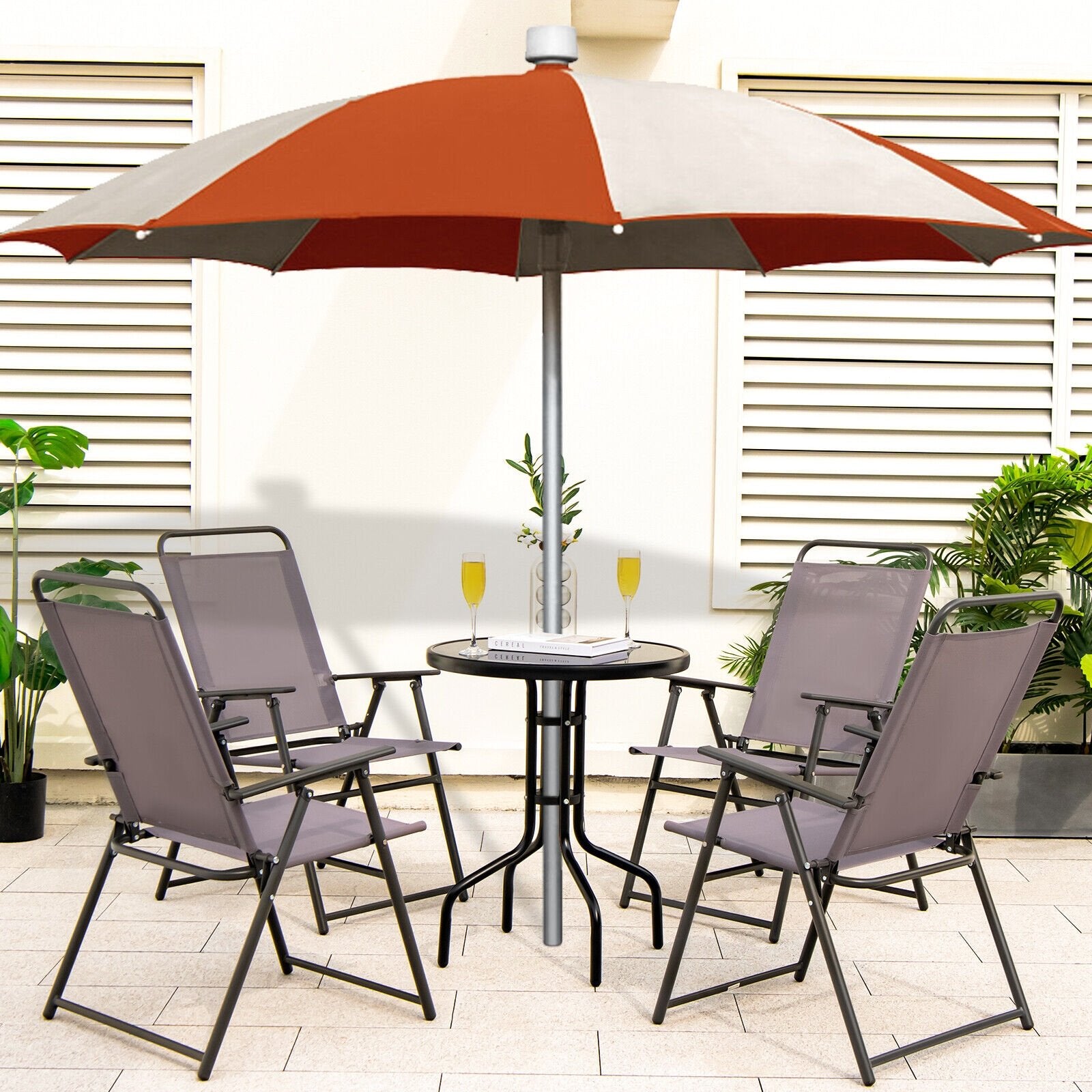 Set of 2 Outdoor Folding Sling Chairs with Armrest and Backrest, Gray Patio Dining Chairs   at Gallery Canada