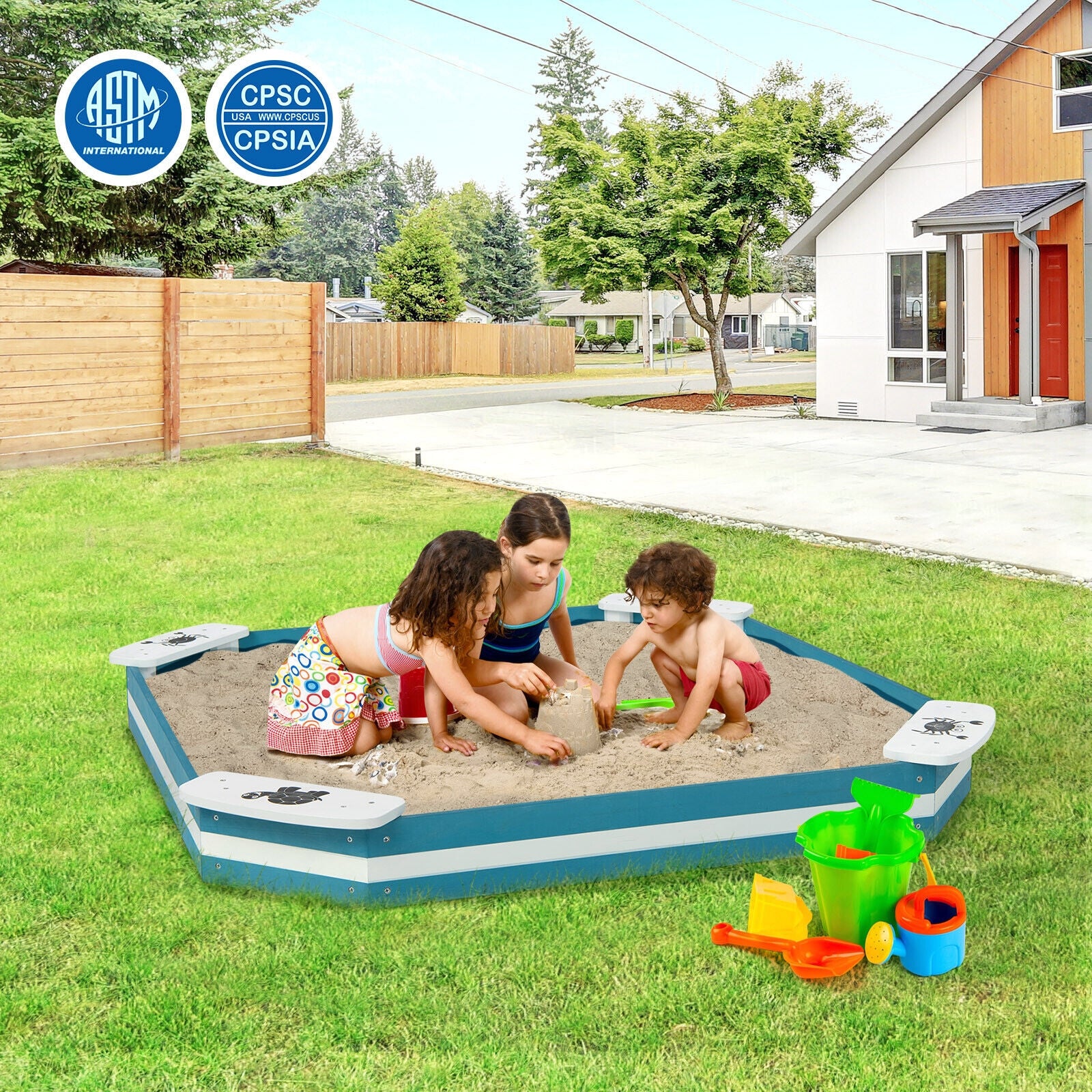 Outdoor Solid Wood Sandbox with 4 Built-in Animal Patterns Seats, Blue Sandboxes at Gallery Canada