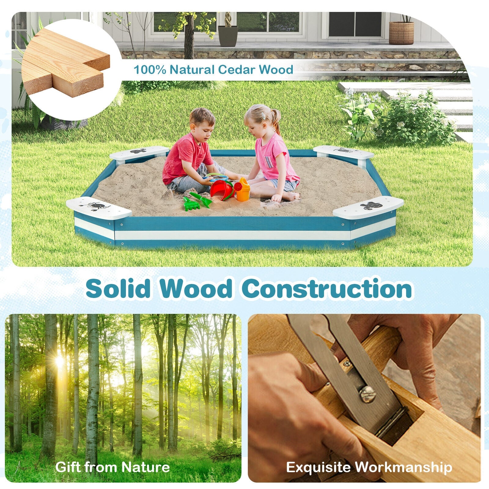 Outdoor Solid Wood Sandbox with 4 Built-in Animal Patterns Seats, Blue Sandboxes at Gallery Canada