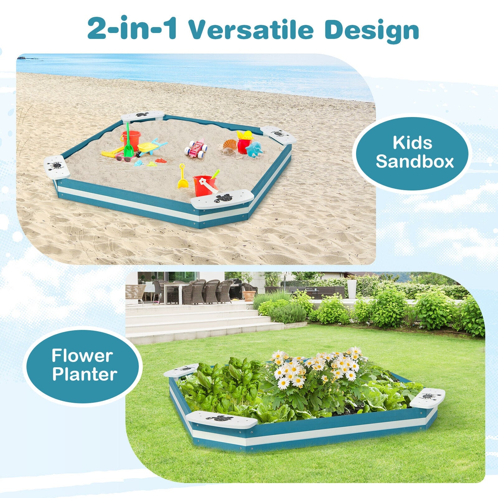 Outdoor Solid Wood Sandbox with 4 Built-in Animal Patterns Seats, Blue Sandboxes at Gallery Canada