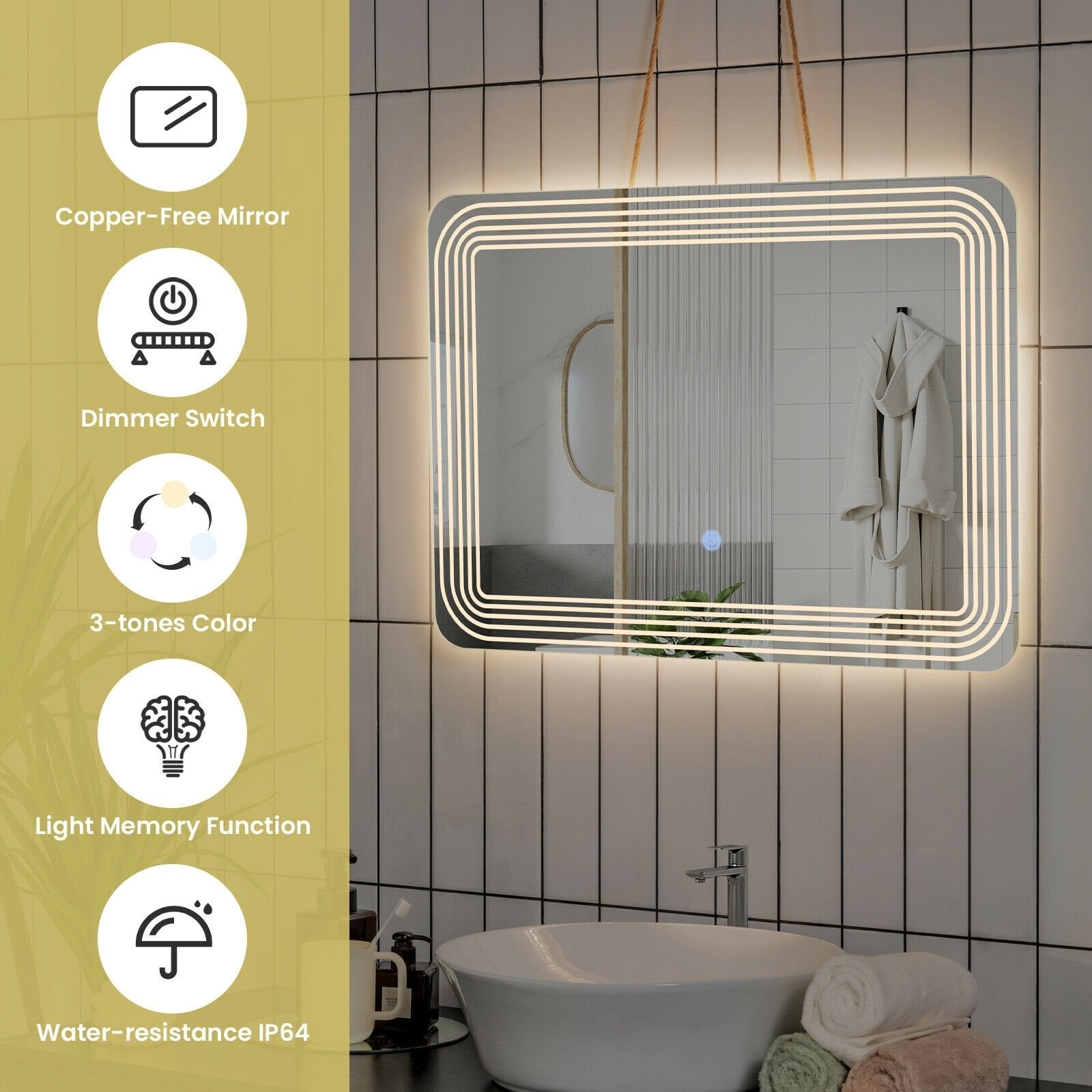 LED Bathroom Vanity Wall-Mount Mirror with Touch Button, White Wall Mirrors   at Gallery Canada