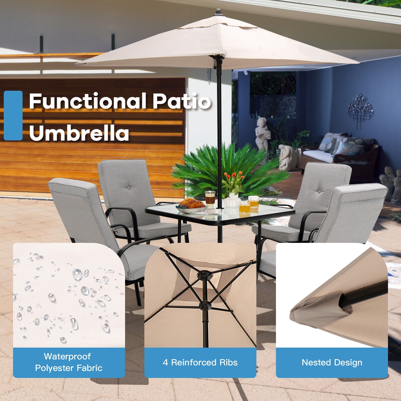 5 Feet Patio Square Market Table Umbrella Shelter with 4 Sturdy Ribs, Beige Outdoor Umbrellas at Gallery Canada
