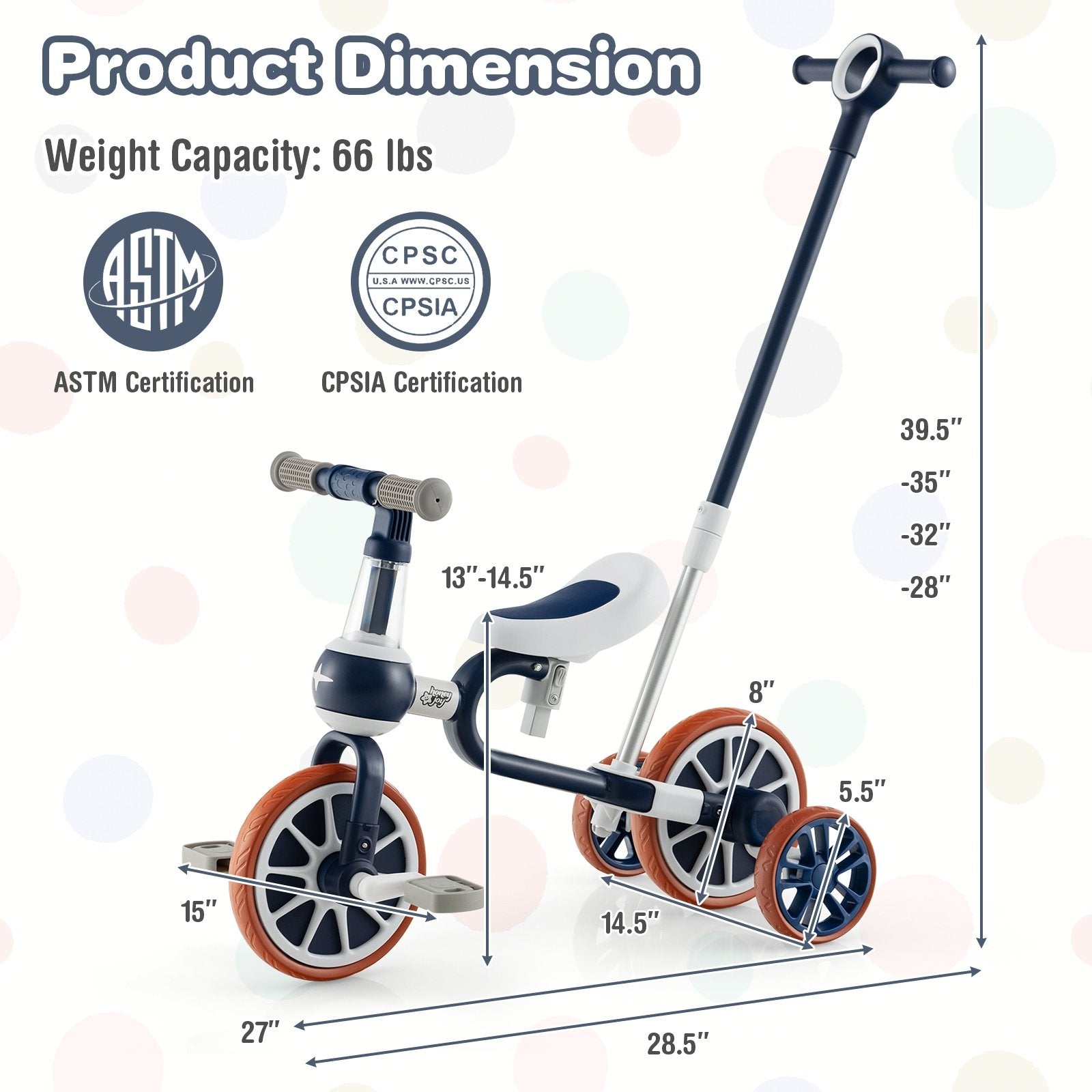 4-in-1 Kids Trike Bike with Adjustable Parent Push Handle and Seat Height, Navy Kids Bike   at Gallery Canada