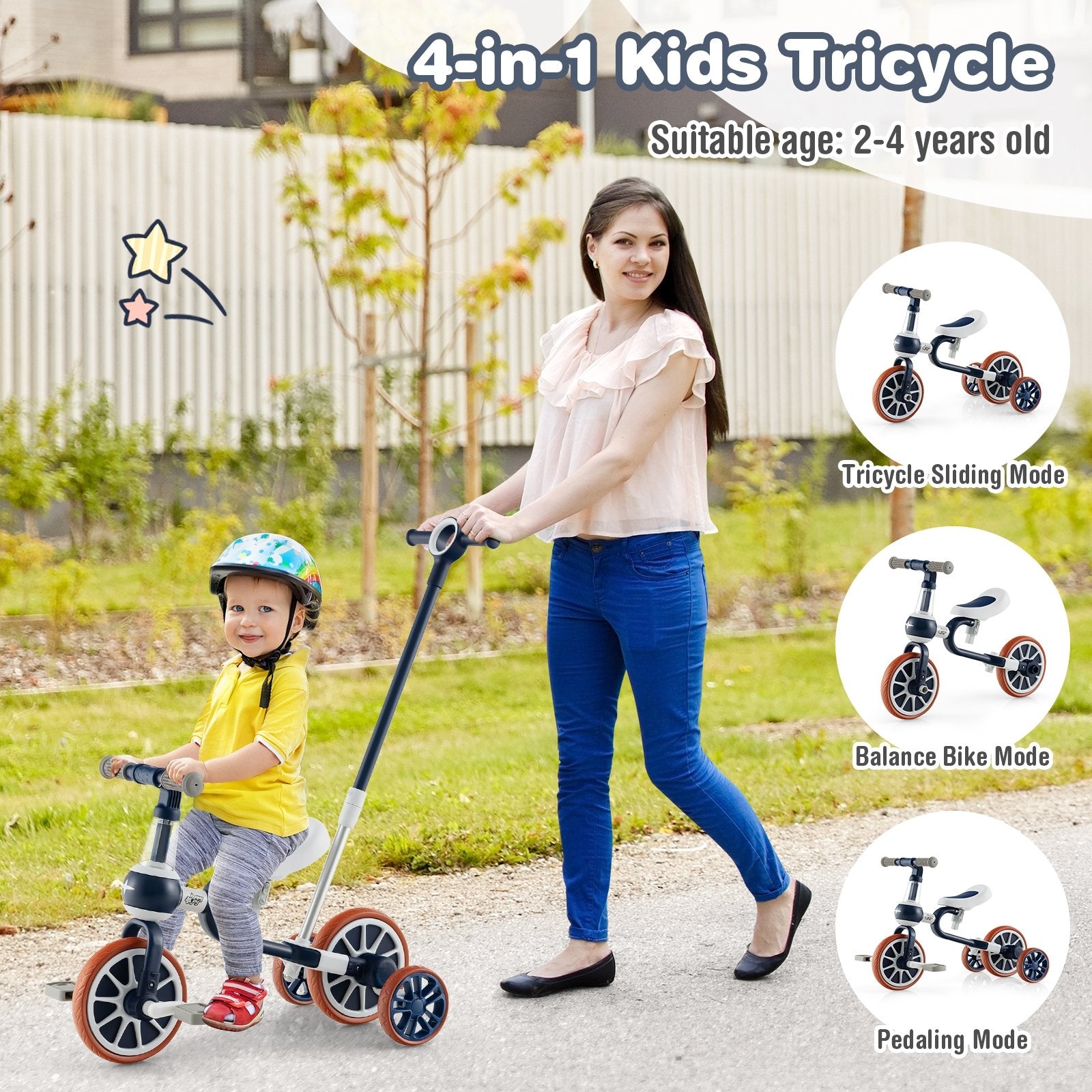 4-in-1 Kids Trike Bike with Adjustable Parent Push Handle and Seat Height, Navy - Gallery Canada