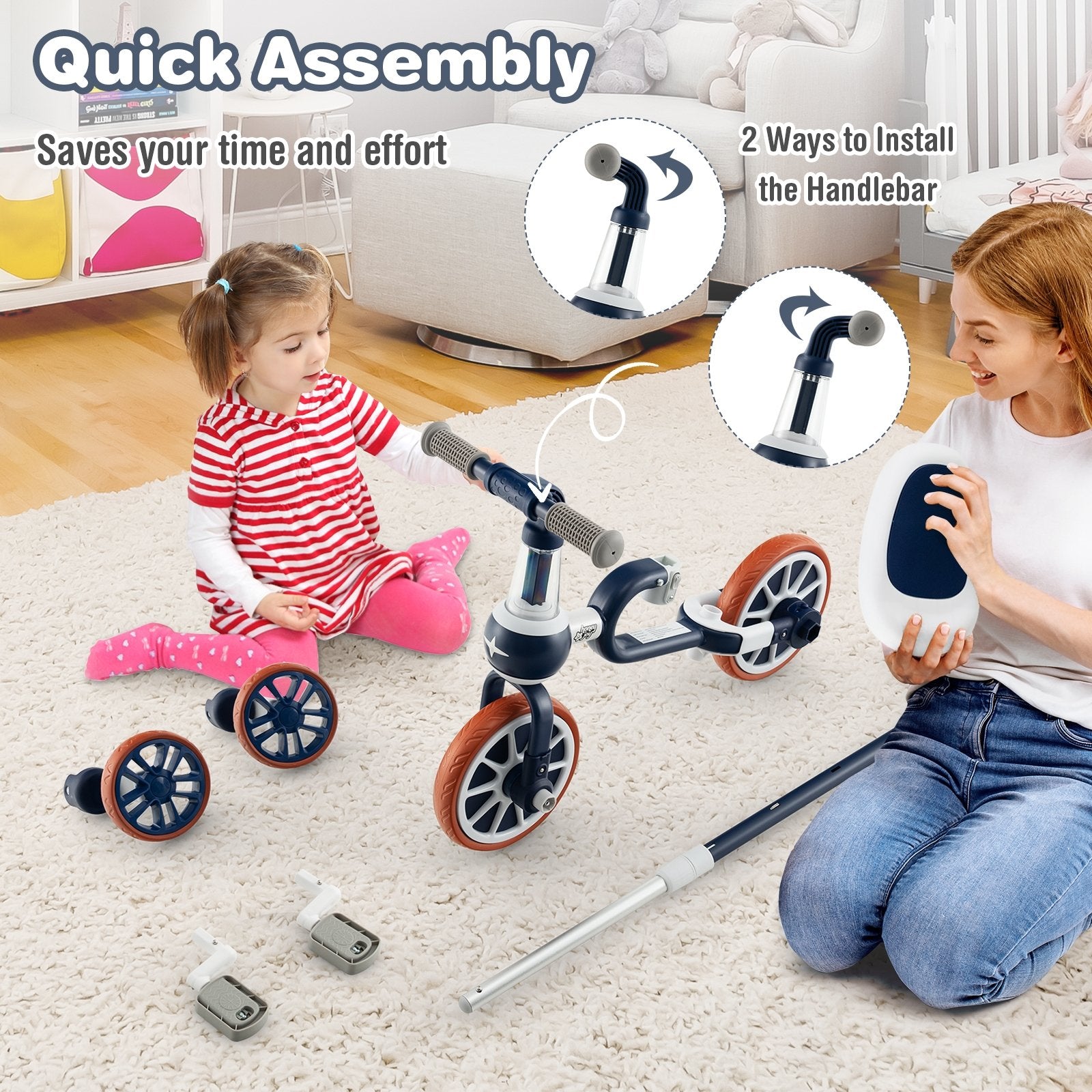 4-in-1 Kids Trike Bike with Adjustable Parent Push Handle and Seat Height, Navy Kids Bike   at Gallery Canada