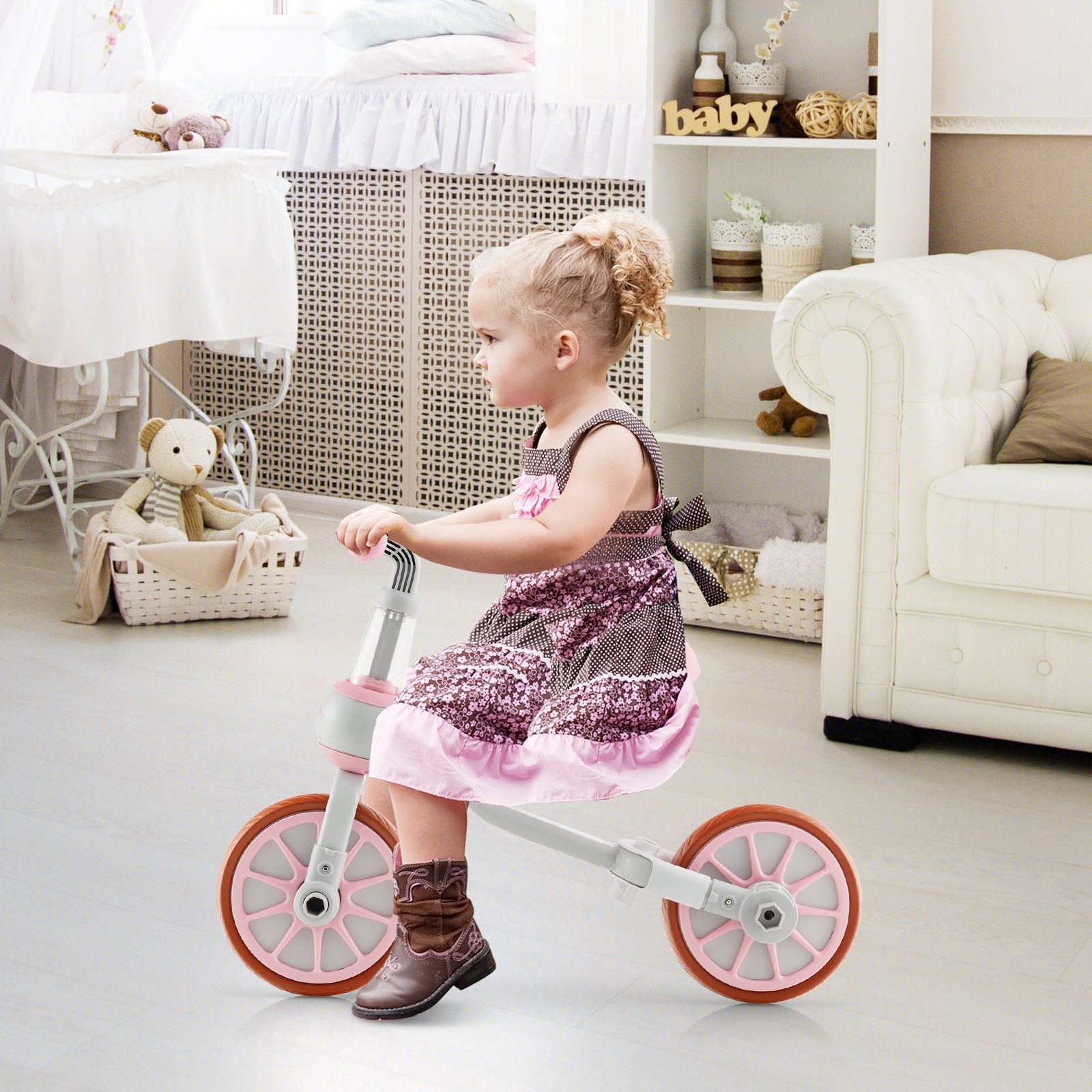 4-in-1 Kids Trike Bike with Adjustable Parent Push Handle and Seat Height, Pink Kids Bike   at Gallery Canada