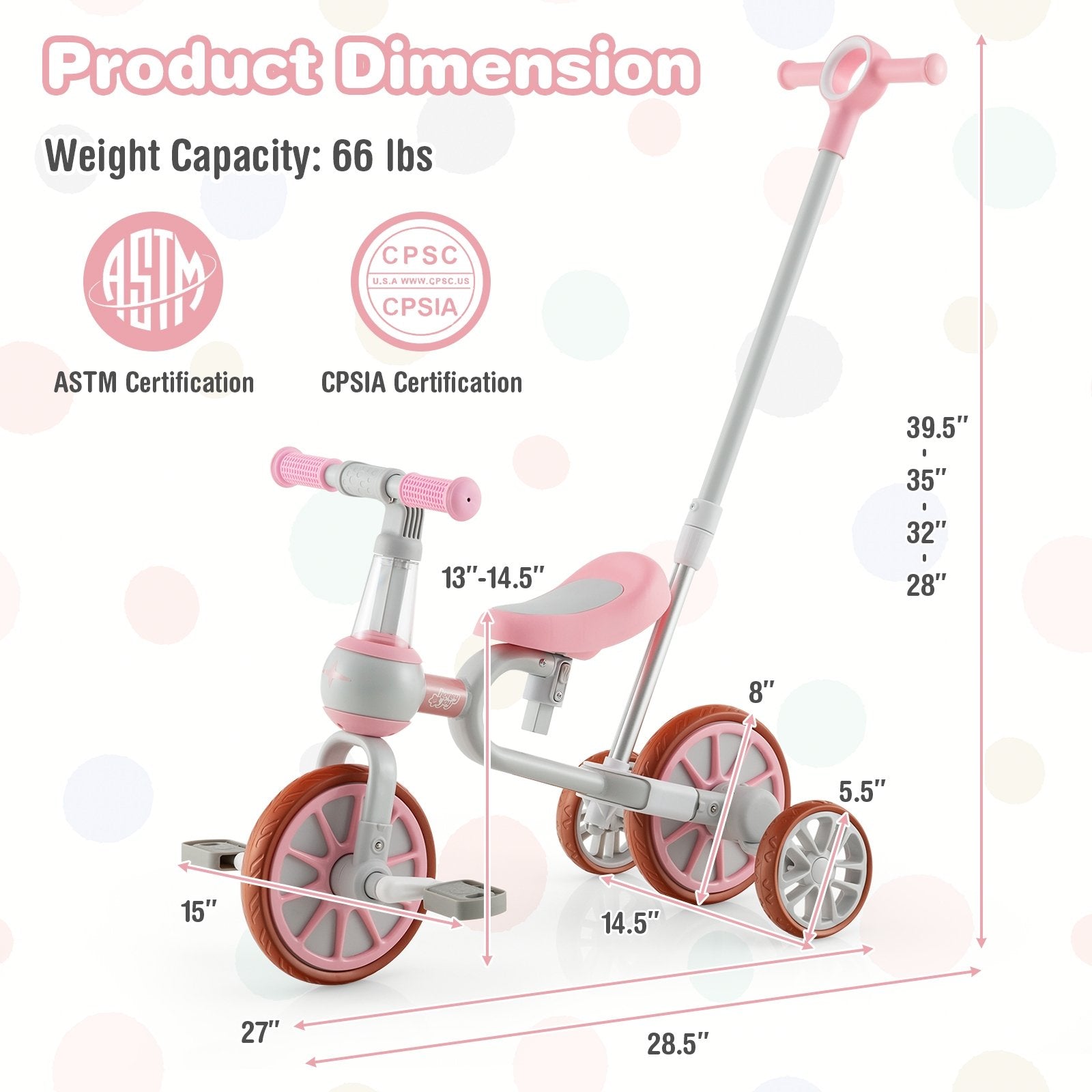 4-in-1 Kids Trike Bike with Adjustable Parent Push Handle and Seat Height, Pink Kids Bike   at Gallery Canada