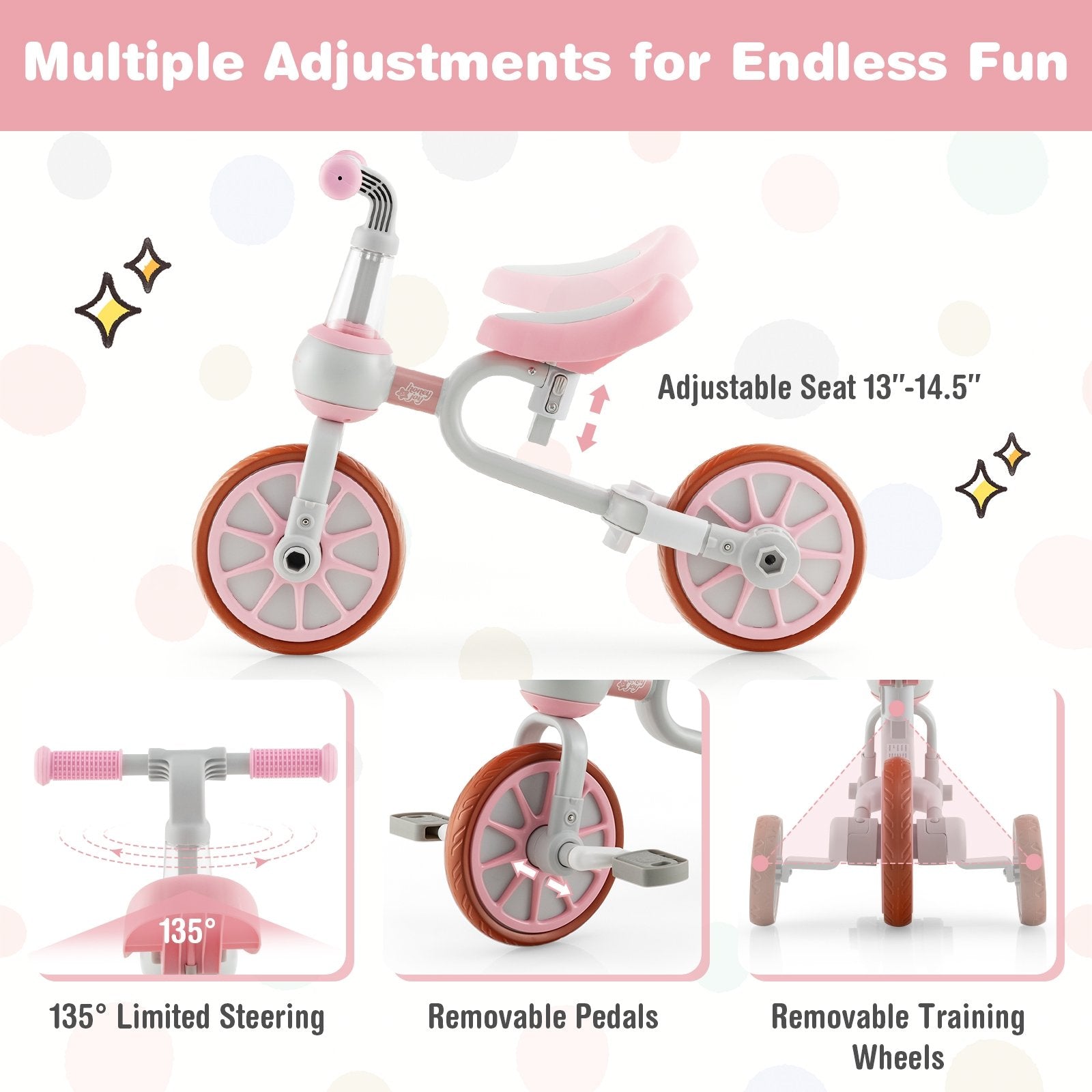 4-in-1 Kids Trike Bike with Adjustable Parent Push Handle and Seat Height, Pink Kids Bike   at Gallery Canada