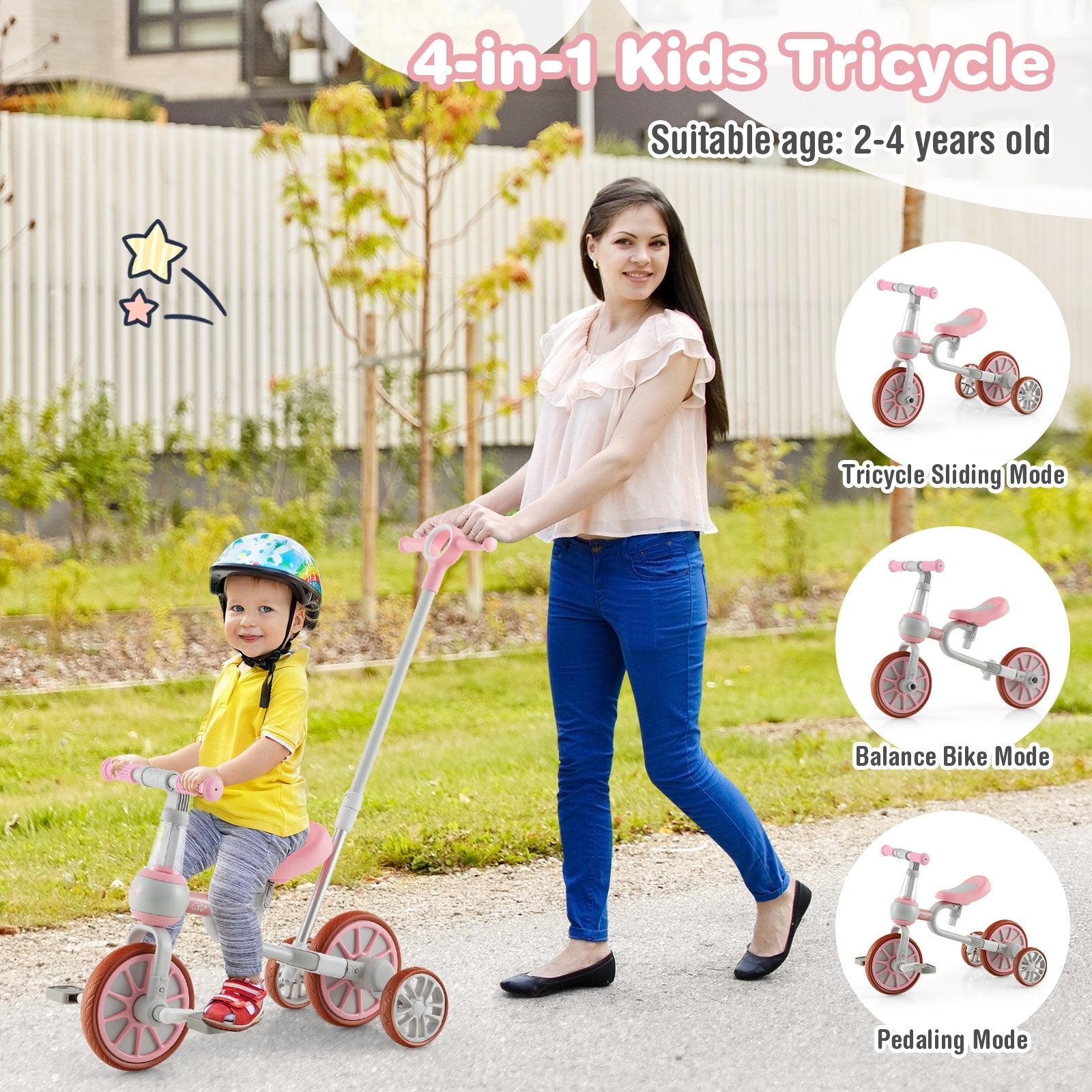 4-in-1 Kids Trike Bike with Adjustable Parent Push Handle and Seat Height, Pink Kids Bike   at Gallery Canada