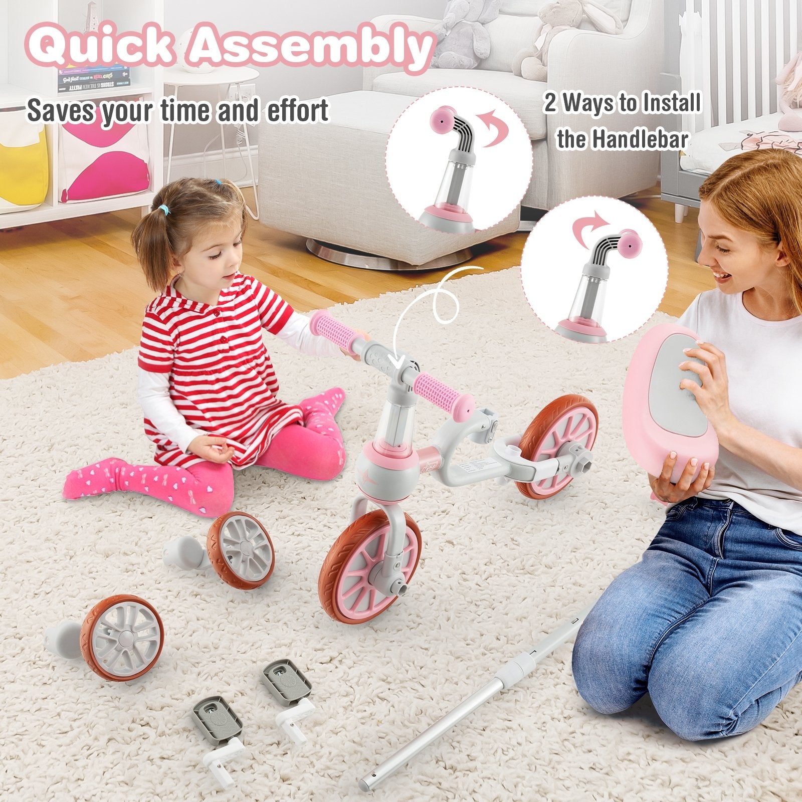 4-in-1 Kids Trike Bike with Adjustable Parent Push Handle and Seat Height, Pink Kids Bike   at Gallery Canada