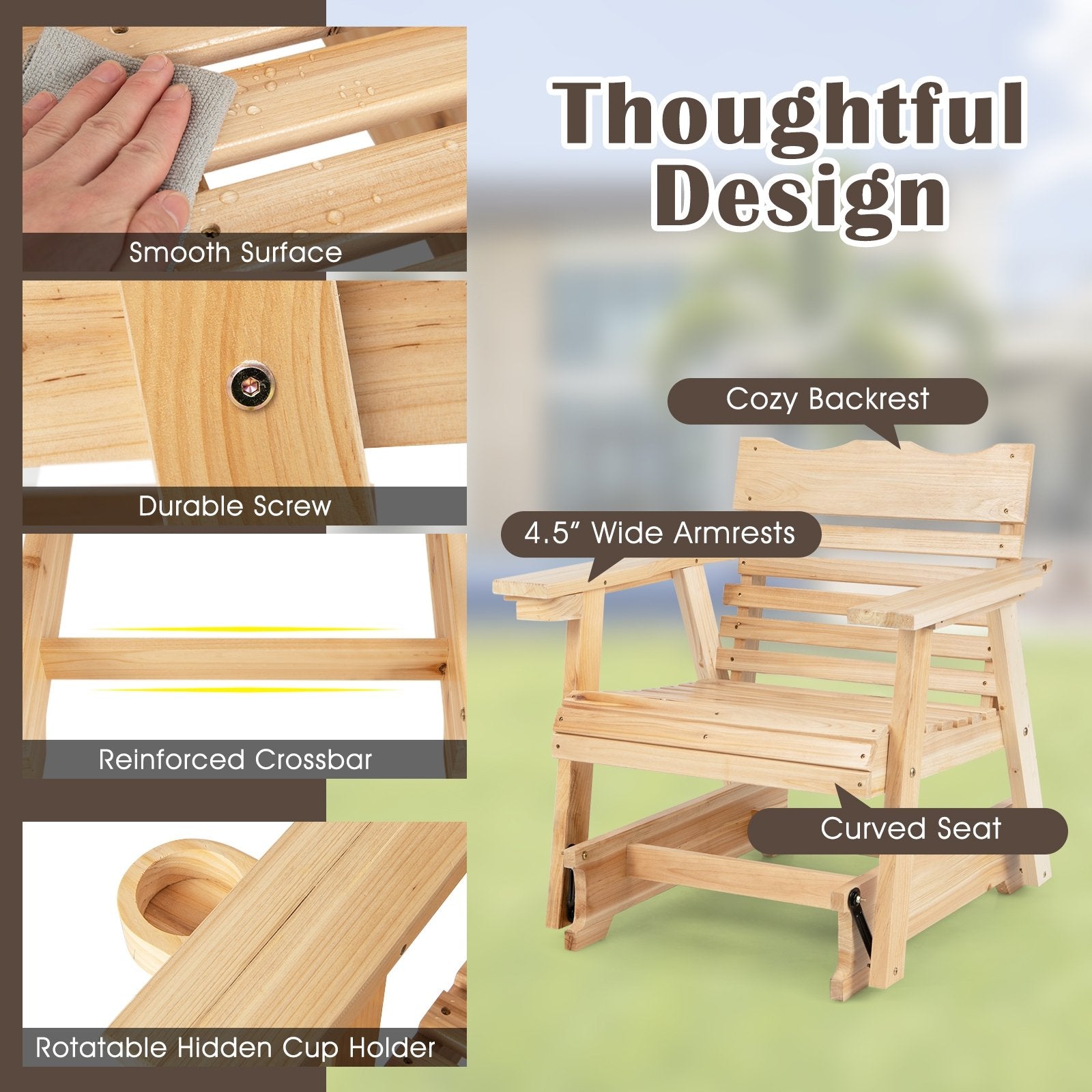 Outdoor Wood Rocking Chair with High Back and Widened Armrests, Brown Patio Rocking Chairs & Gliders   at Gallery Canada