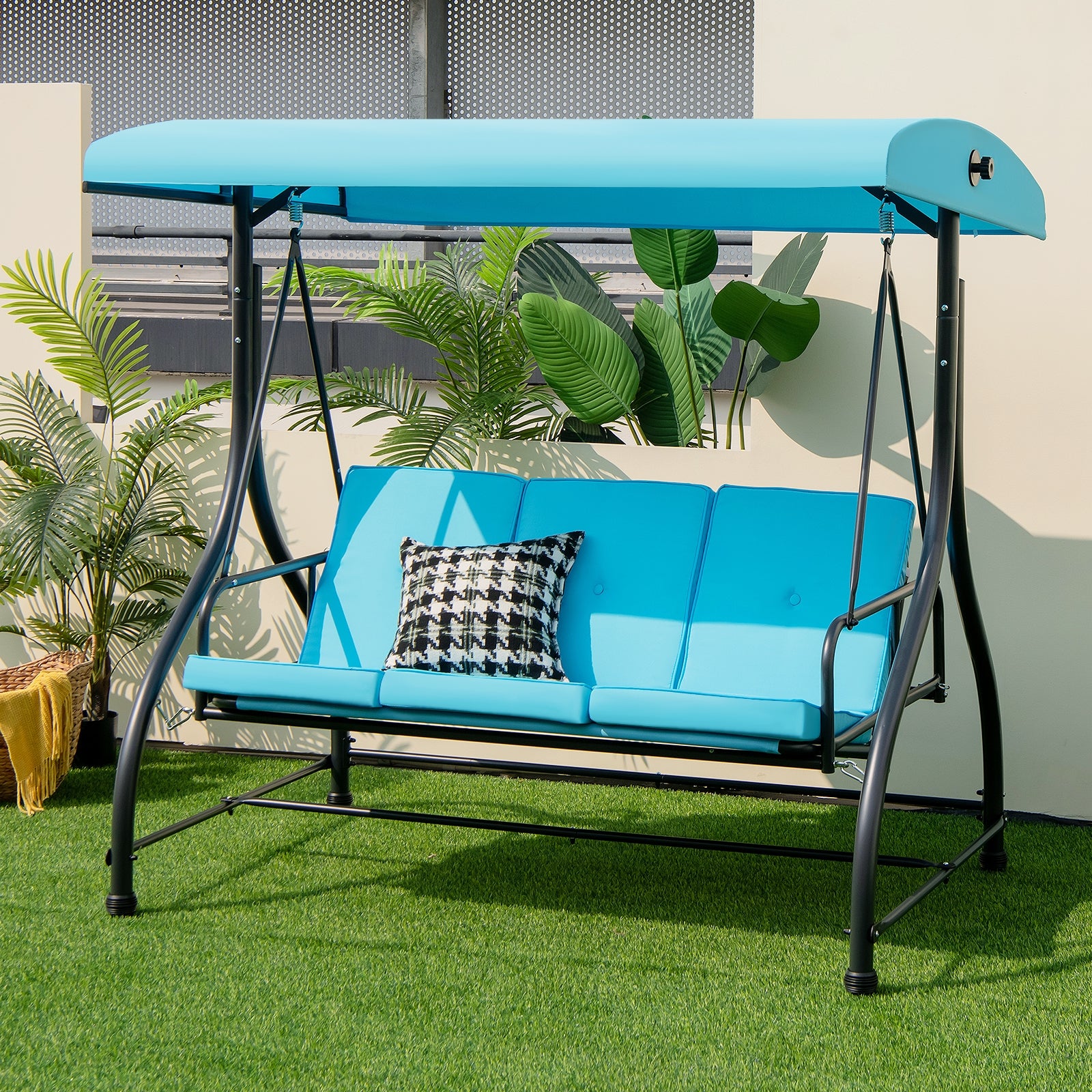 3 Seat Outdoor Porch Swing with Adjustable Canopy, Blue Porch Swings   at Gallery Canada