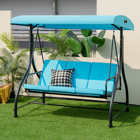 3 Seat Outdoor Porch Swing with Adjustable Canopy, Blue - Gallery Canada