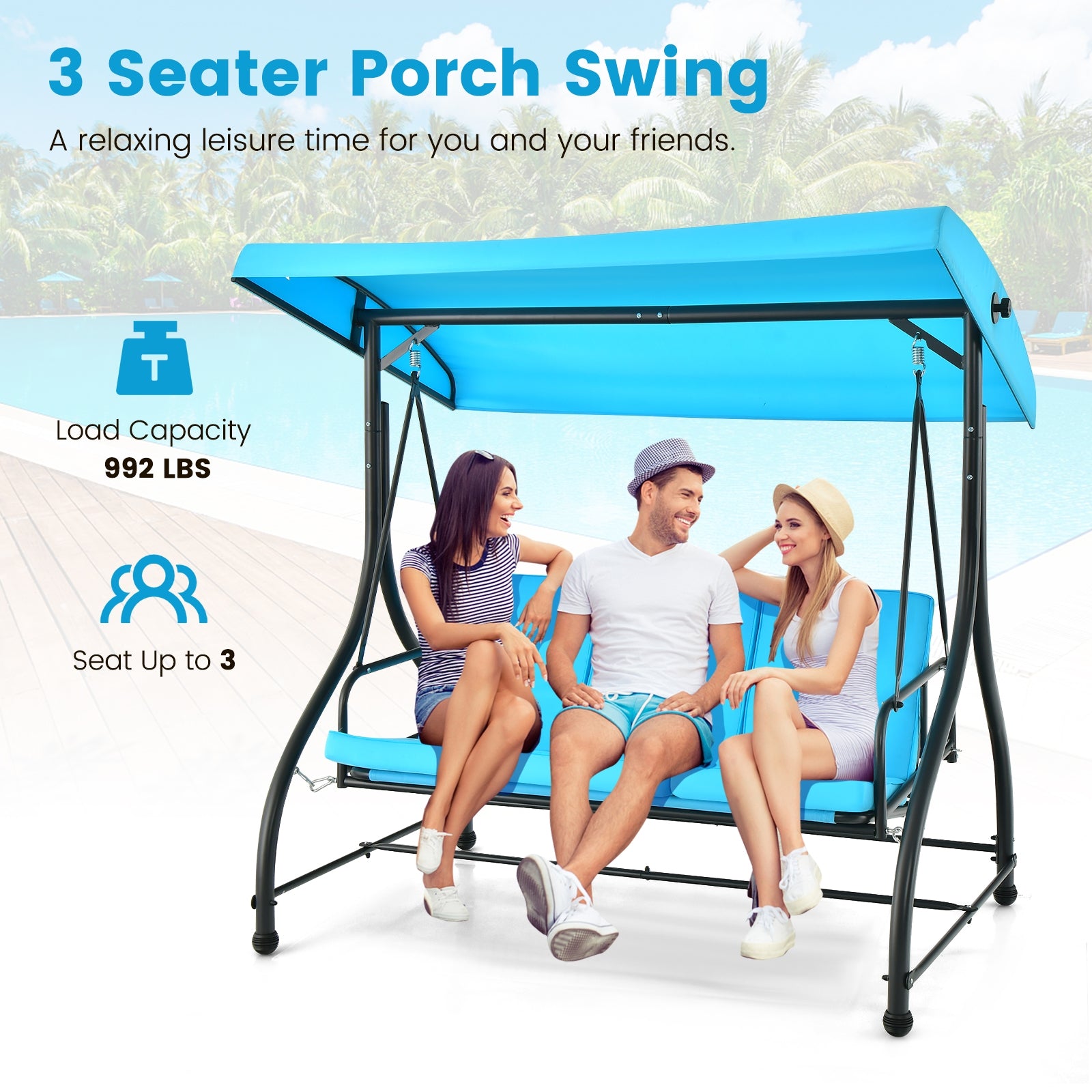 3 Seat Outdoor Porch Swing with Adjustable Canopy, Blue Porch Swings   at Gallery Canada