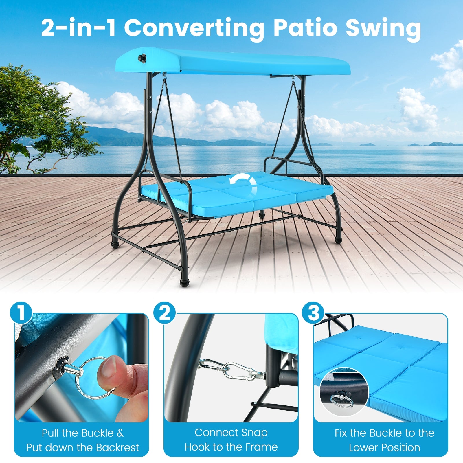 3 Seat Outdoor Porch Swing with Adjustable Canopy, Blue Porch Swings   at Gallery Canada