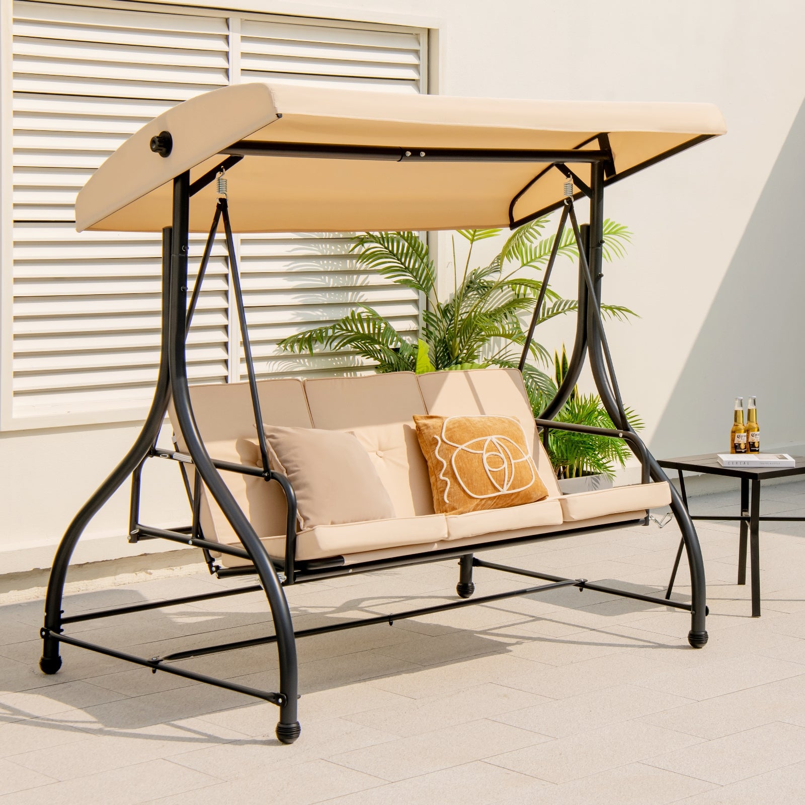 3 Seat Outdoor Porches Swing with Adjustable Canopy, Beige Porch Swings   at Gallery Canada