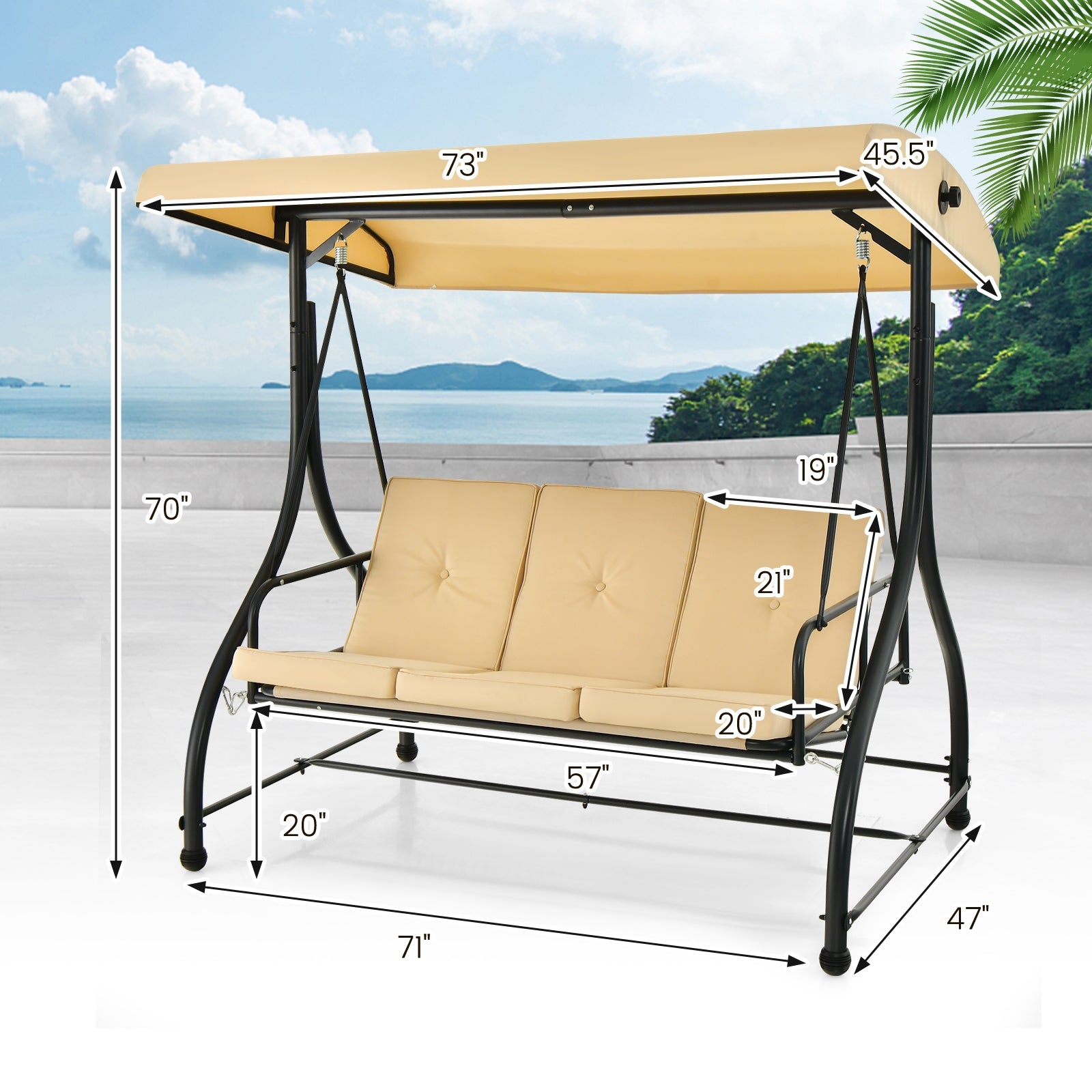 3 Seat Outdoor Porches Swing with Adjustable Canopy, Beige Porch Swings   at Gallery Canada